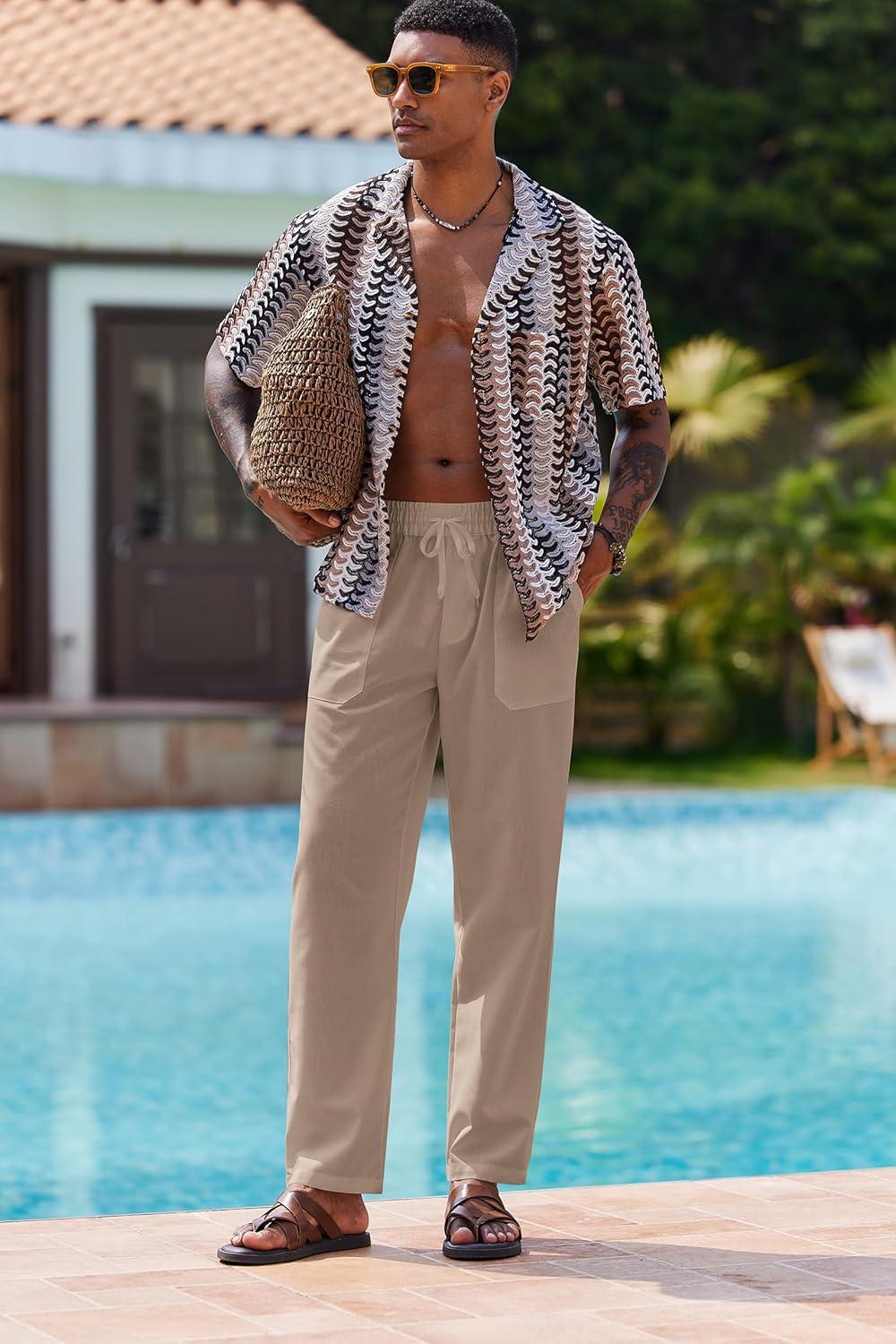 imageCOOFANDY Mens Linen Casual Pants Lightweight Drawstring Beach Pants Elastic Waist Cropped PantsKhaki