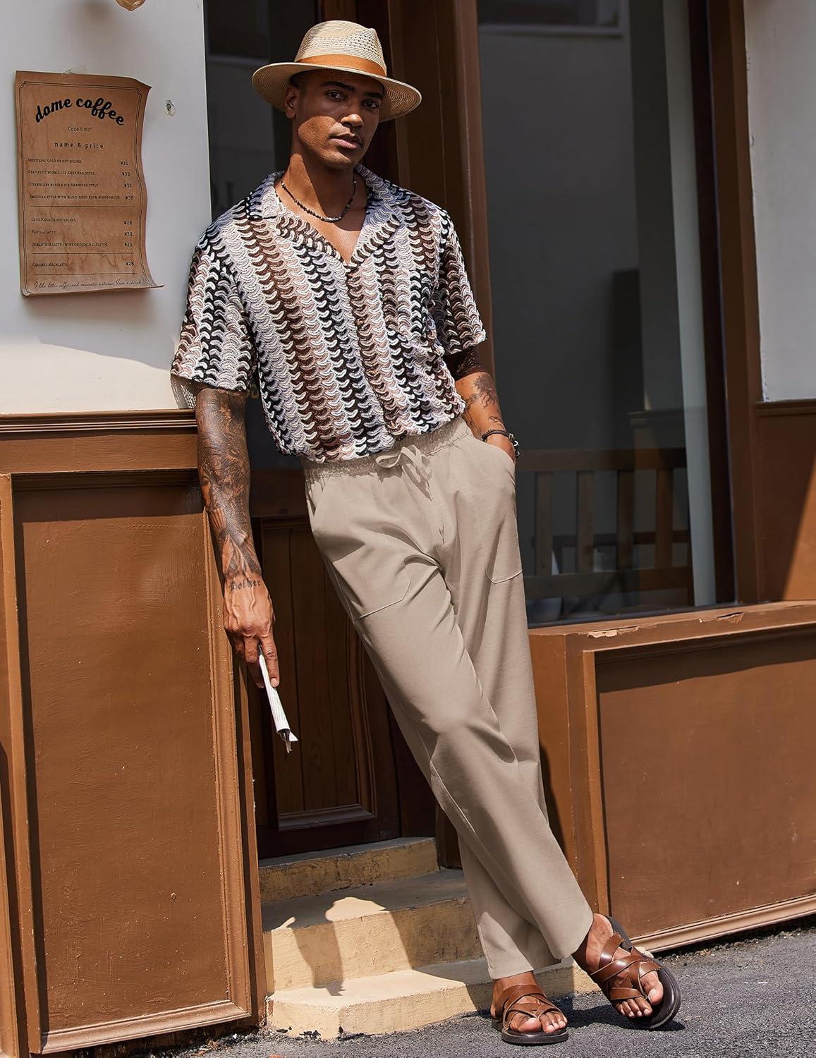 imageCOOFANDY Mens Linen Casual Pants Lightweight Drawstring Beach Pants Elastic Waist Cropped PantsKhaki