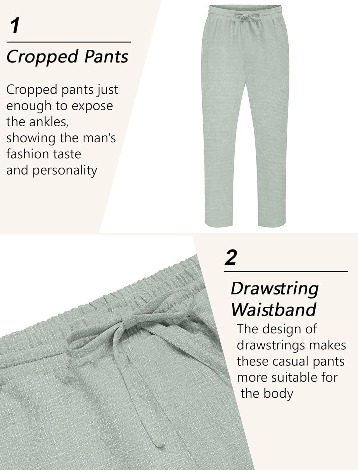 imageCOOFANDY Mens Linen Casual Pants Lightweight Drawstring Beach Pants Elastic Waist Cropped PantsLight Green