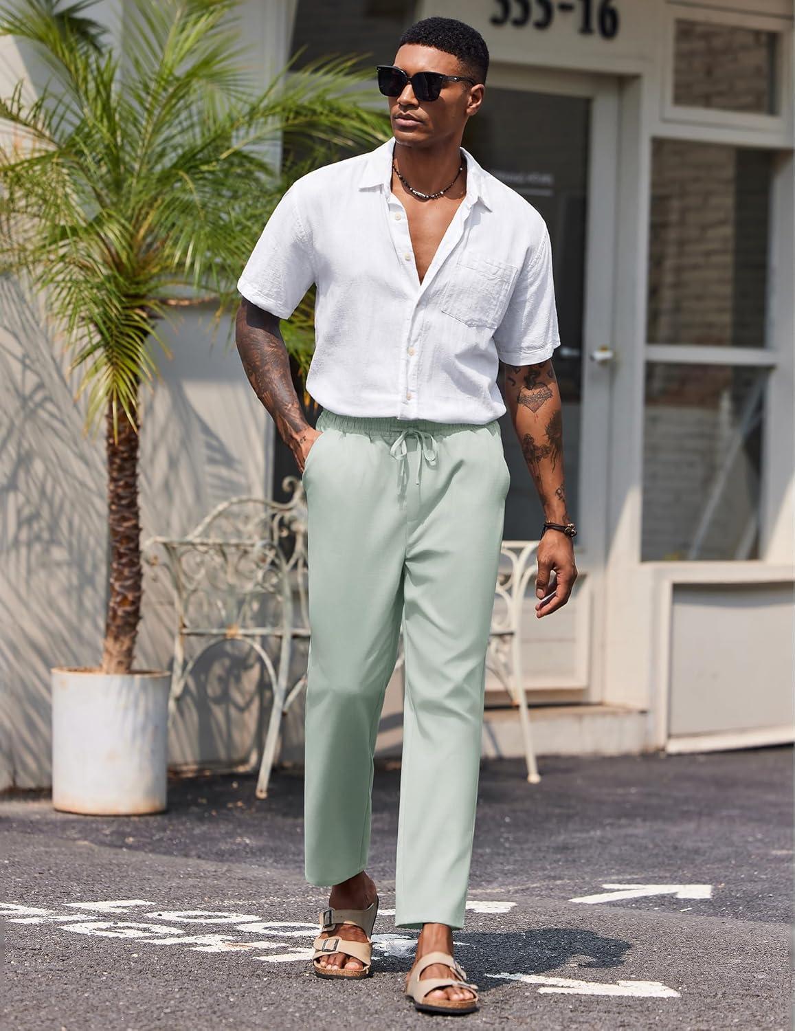 imageCOOFANDY Mens Linen Casual Pants Lightweight Drawstring Beach Pants Elastic Waist Cropped PantsLight Green