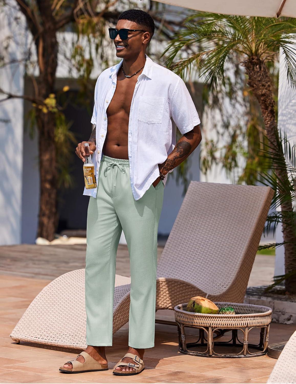 imageCOOFANDY Mens Linen Casual Pants Lightweight Drawstring Beach Pants Elastic Waist Cropped PantsLight Green