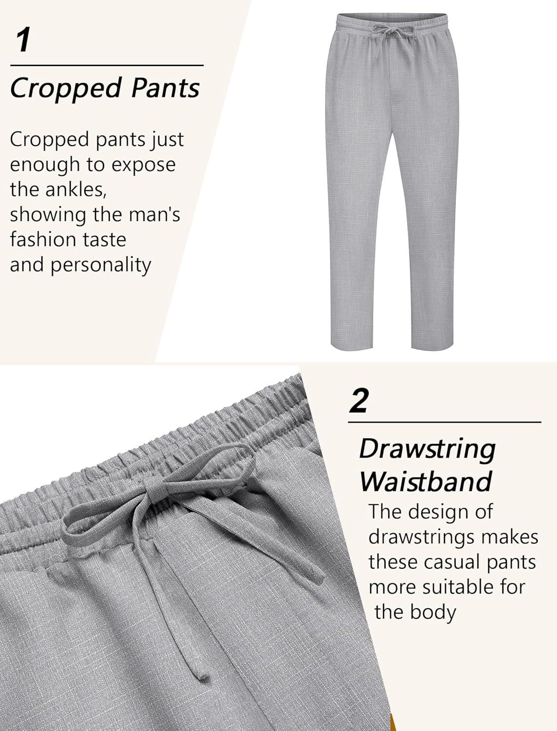 imageCOOFANDY Mens Linen Casual Pants Lightweight Drawstring Beach Pants Elastic Waist Cropped PantsLight Grey