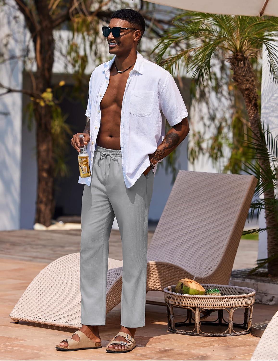 imageCOOFANDY Mens Linen Casual Pants Lightweight Drawstring Beach Pants Elastic Waist Cropped PantsLight Grey