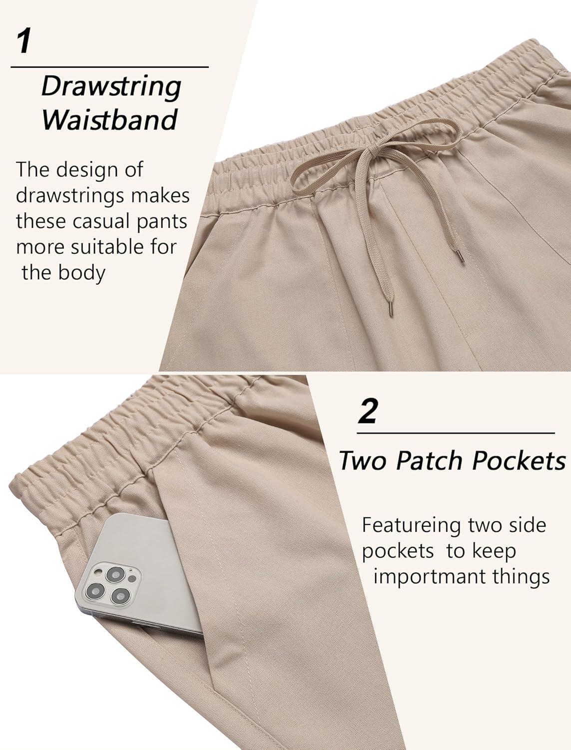 imageCOOFANDY Mens Linen Casual Pants Lightweight Drawstring Beach Pants Elastic Waist Cropped PantsLight Khaki