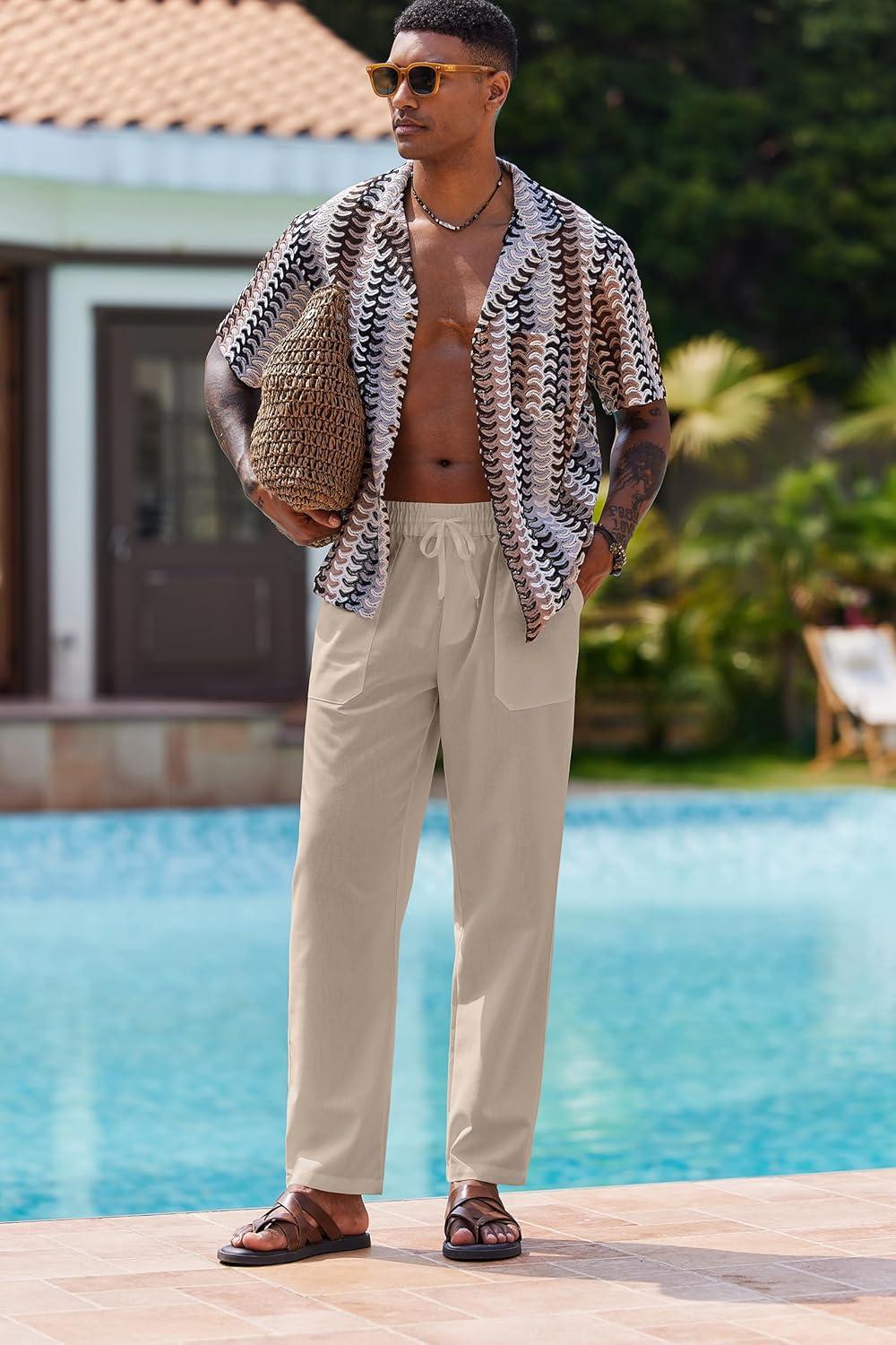 imageCOOFANDY Mens Linen Casual Pants Lightweight Drawstring Beach Pants Elastic Waist Cropped PantsLight Khaki