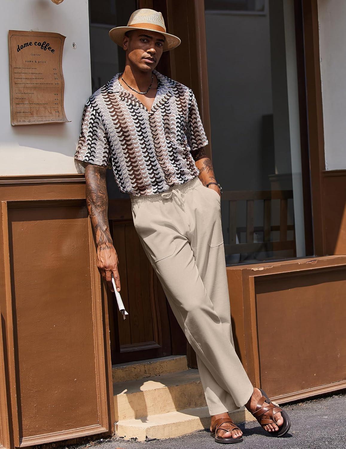 imageCOOFANDY Mens Linen Casual Pants Lightweight Drawstring Beach Pants Elastic Waist Cropped PantsLight Khaki