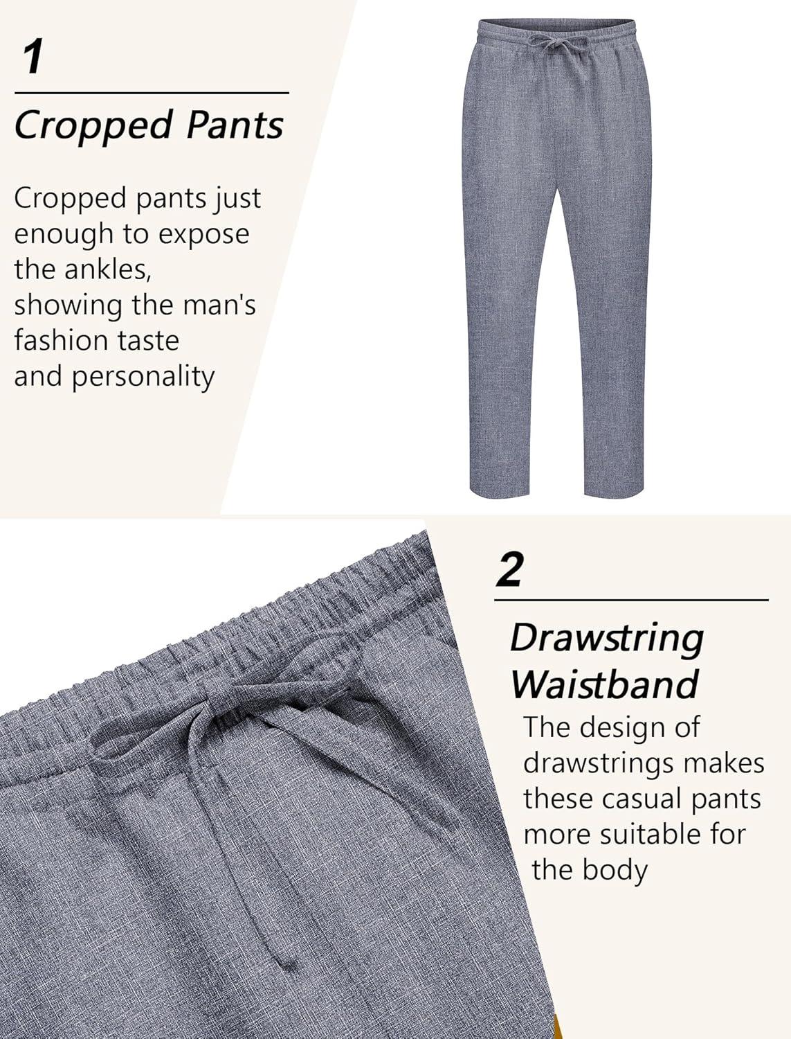 imageCOOFANDY Mens Linen Casual Pants Lightweight Drawstring Beach Pants Elastic Waist Cropped PantsNavy Blue