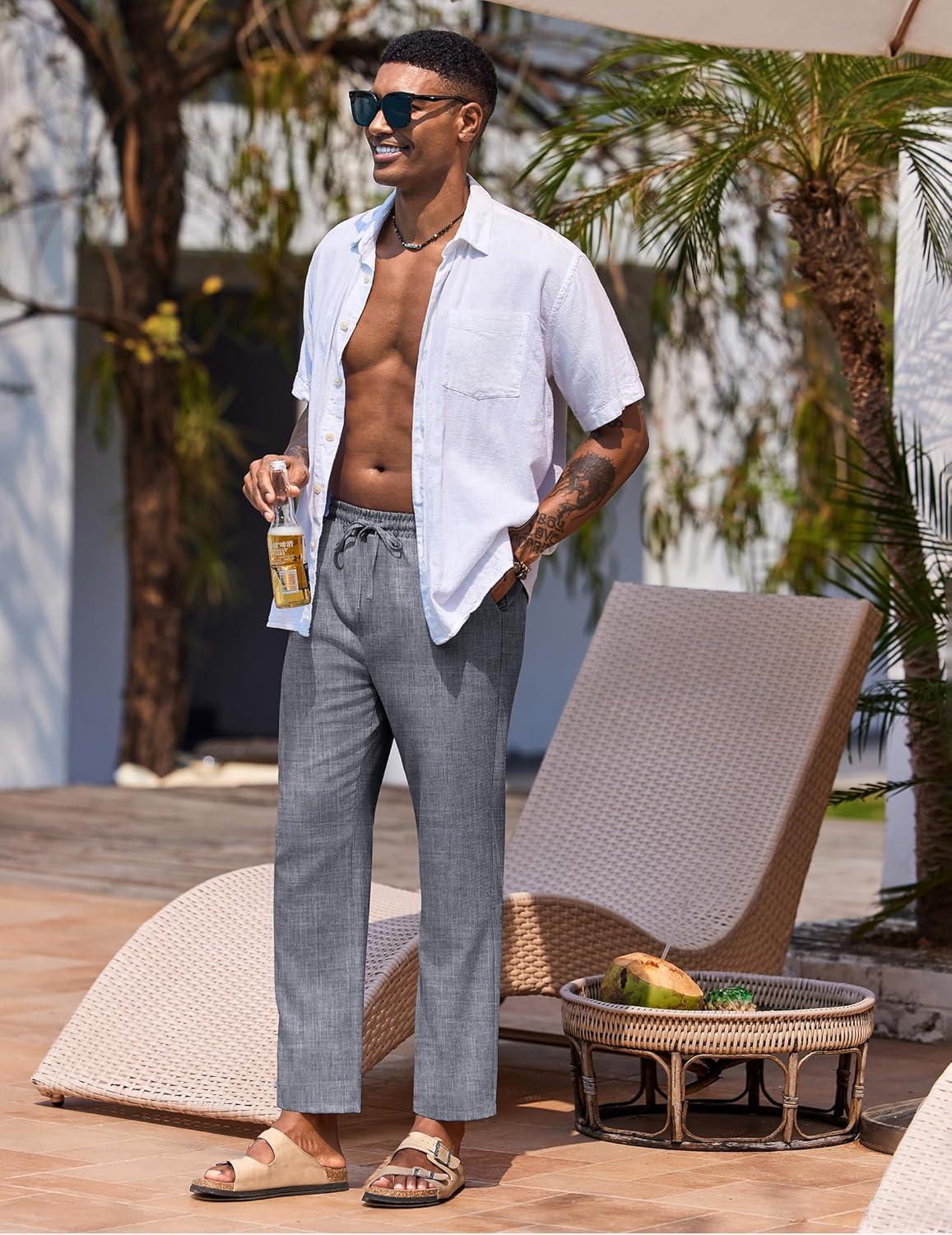 imageCOOFANDY Mens Linen Casual Pants Lightweight Drawstring Beach Pants Elastic Waist Cropped PantsNavy Blue