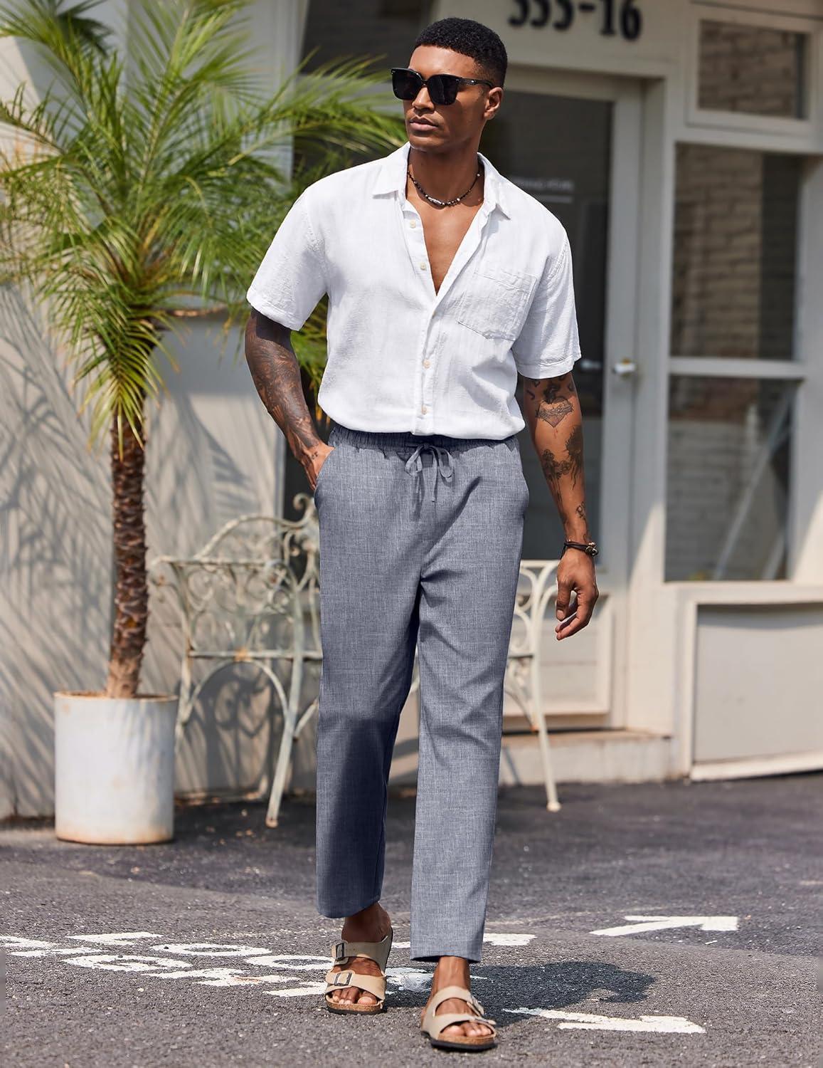 imageCOOFANDY Mens Linen Casual Pants Lightweight Drawstring Beach Pants Elastic Waist Cropped PantsNavy Blue