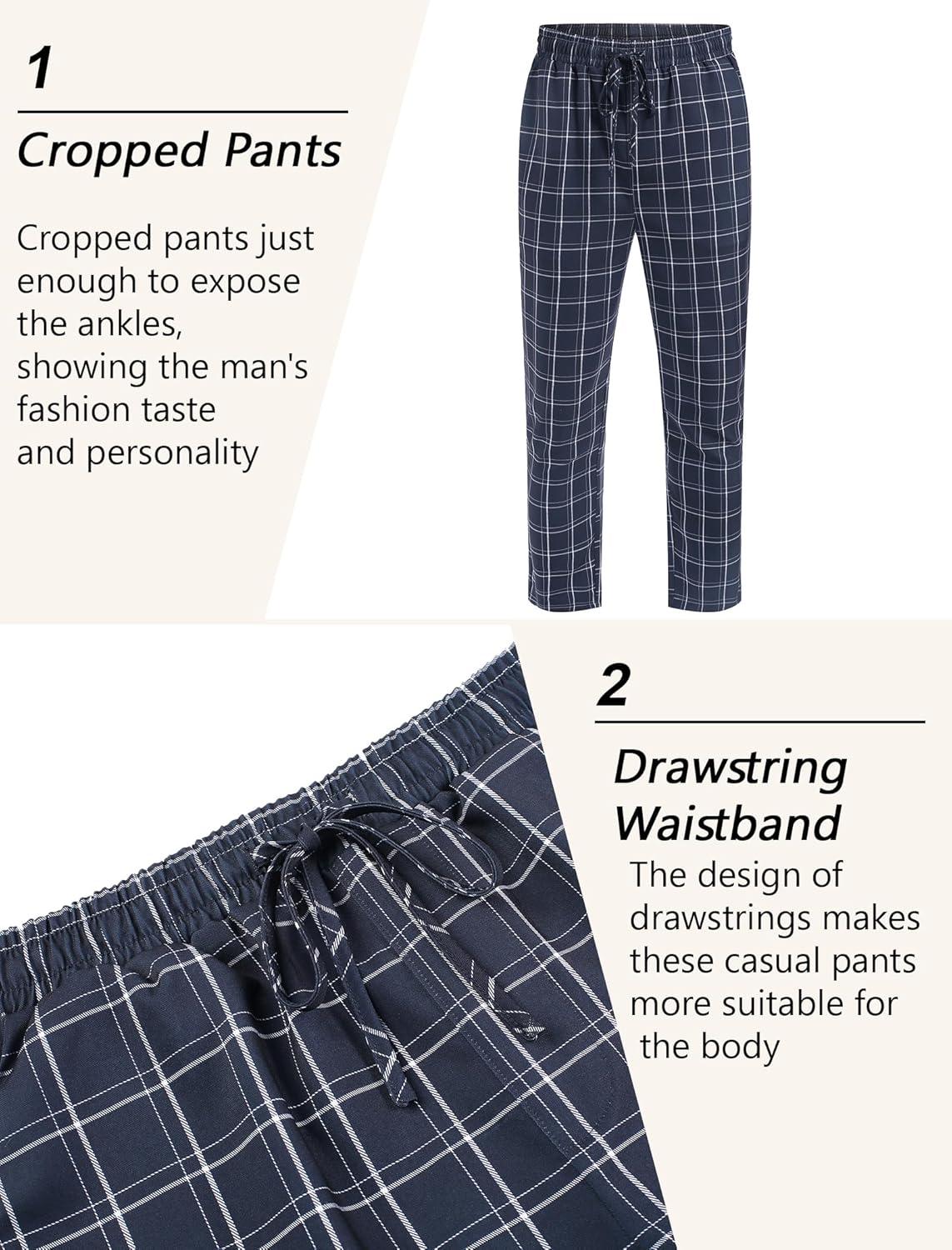 imageCOOFANDY Mens Linen Casual Pants Lightweight Drawstring Beach Pants Elastic Waist Cropped PantsNavy Blue Plaid