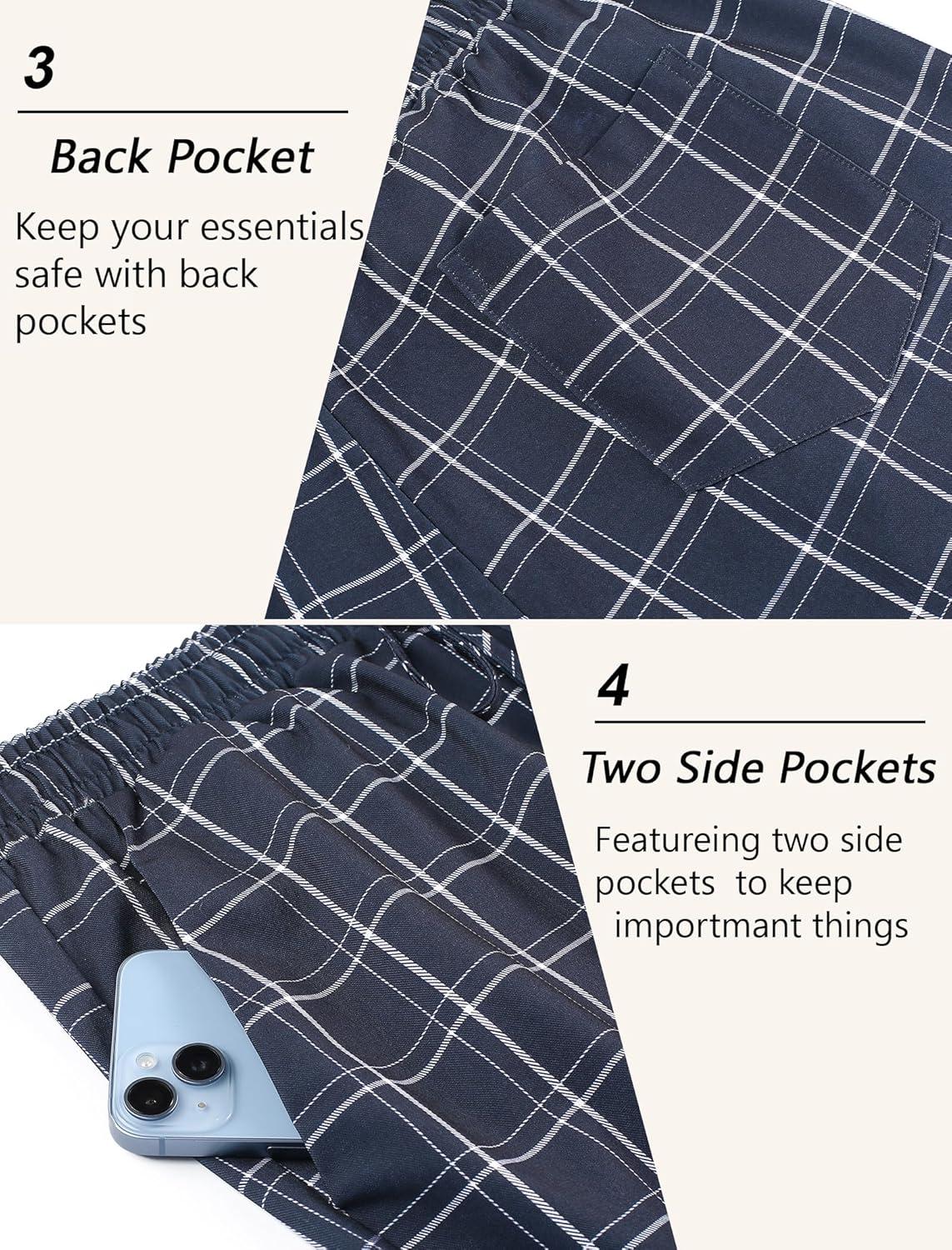 imageCOOFANDY Mens Linen Casual Pants Lightweight Drawstring Beach Pants Elastic Waist Cropped PantsNavy Blue Plaid