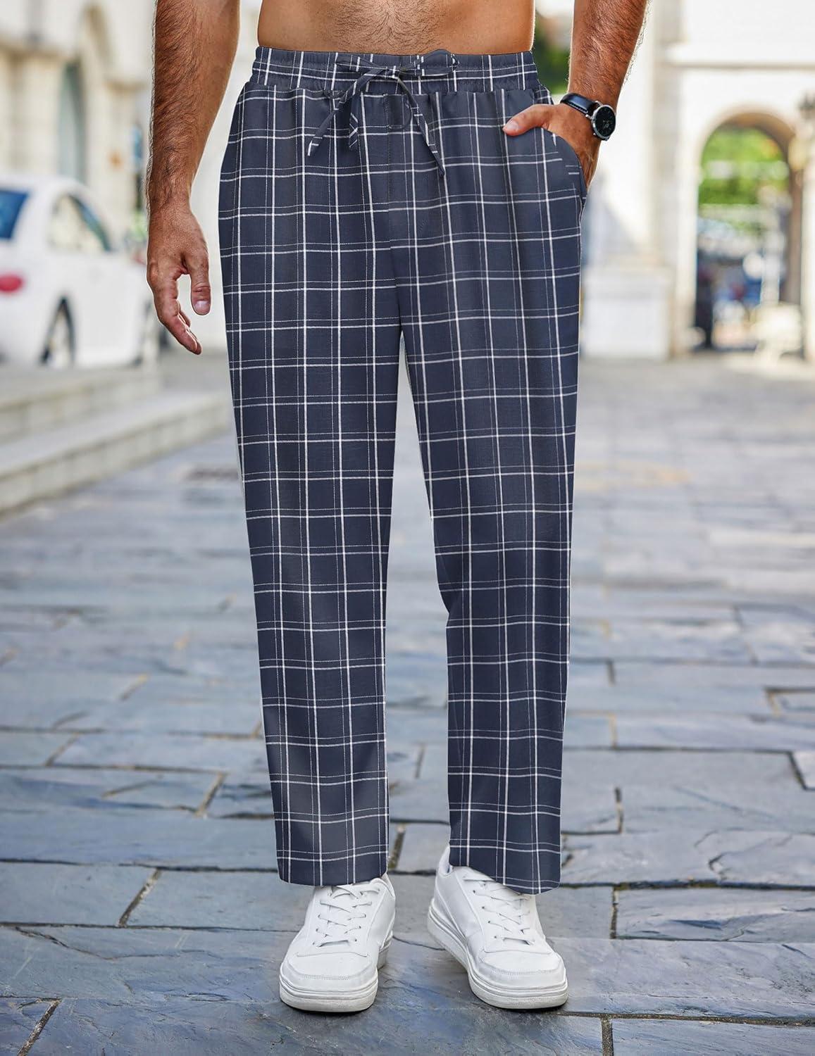 imageCOOFANDY Mens Linen Casual Pants Lightweight Drawstring Beach Pants Elastic Waist Cropped PantsNavy Blue Plaid