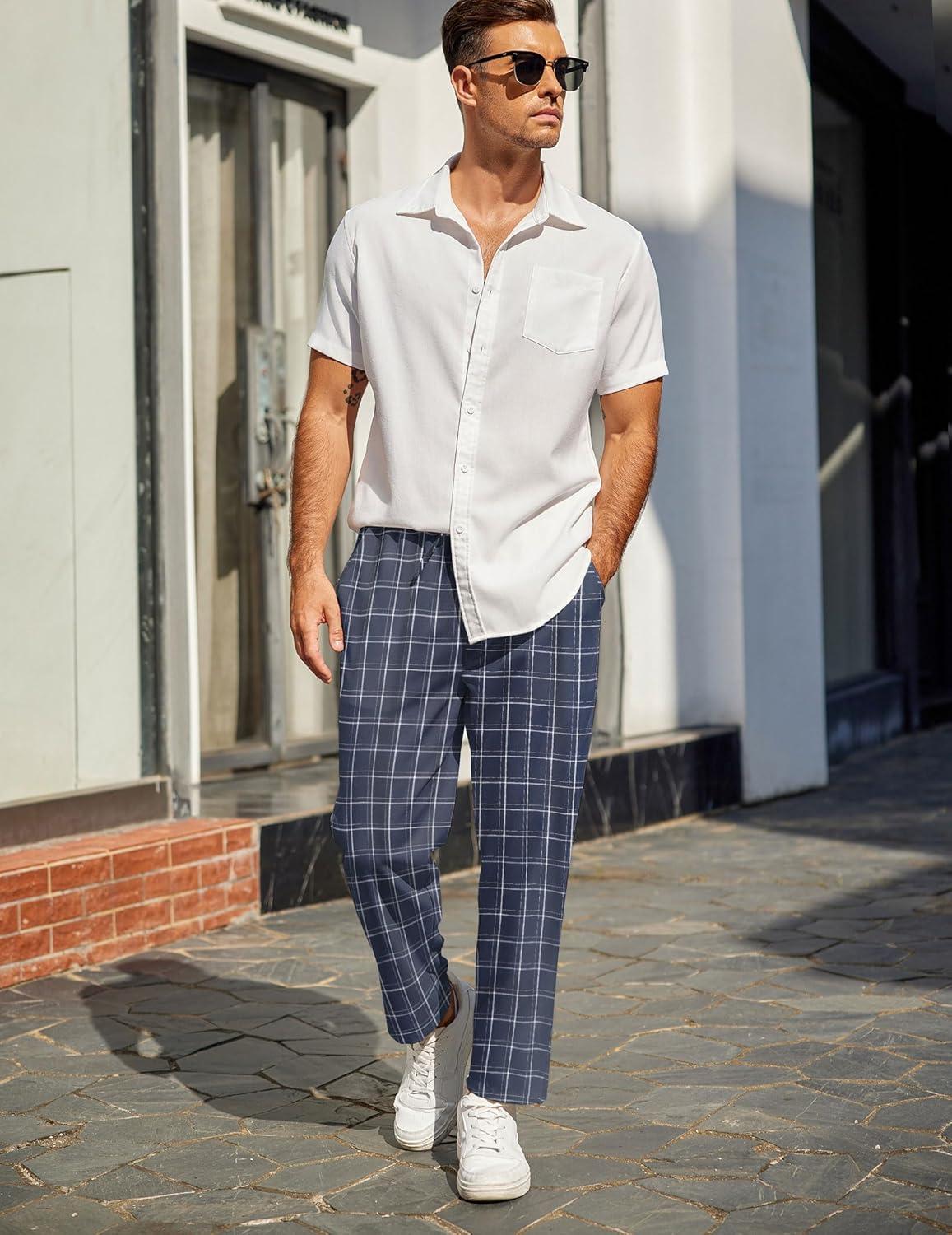 imageCOOFANDY Mens Linen Casual Pants Lightweight Drawstring Beach Pants Elastic Waist Cropped PantsNavy Blue Plaid