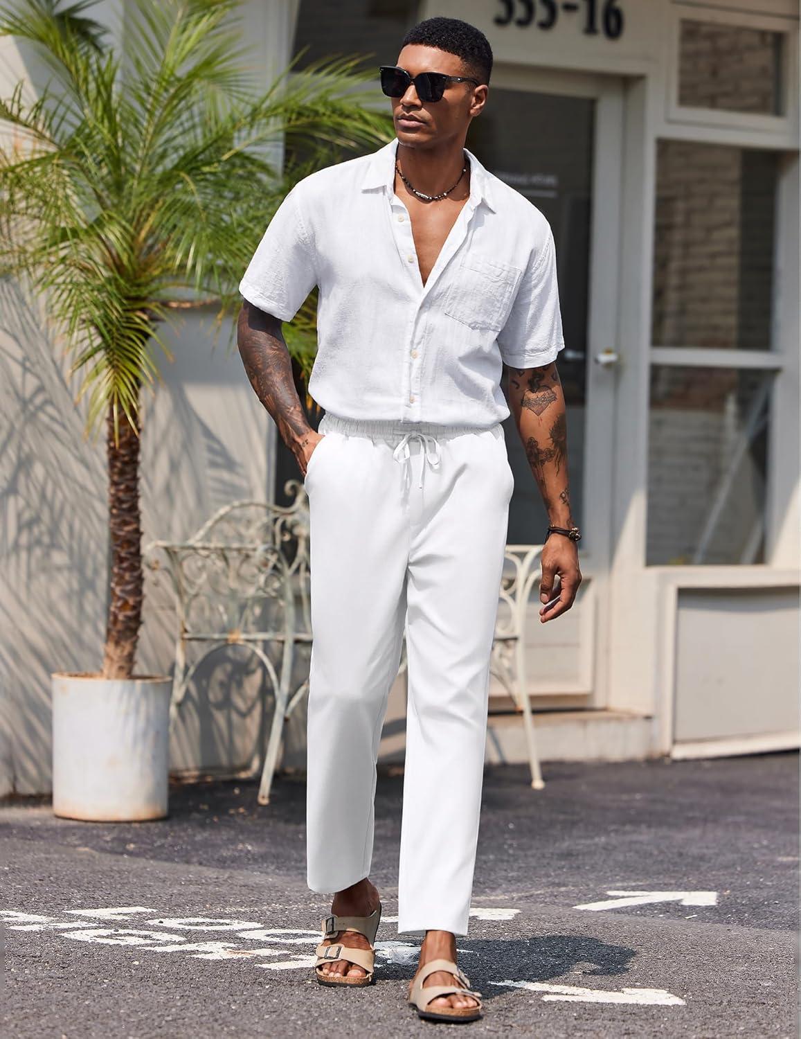 imageCOOFANDY Mens Linen Casual Pants Lightweight Drawstring Beach Pants Elastic Waist Cropped PantsWhite