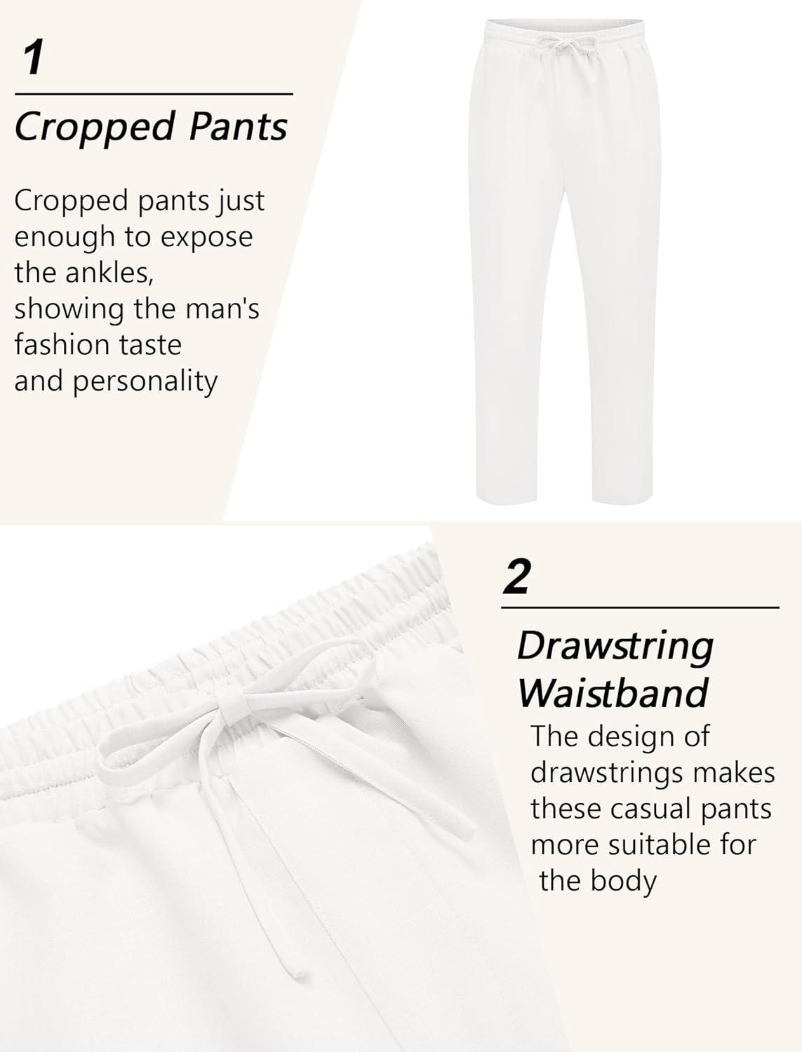 imageCOOFANDY Mens Linen Casual Pants Lightweight Drawstring Beach Pants Elastic Waist Cropped PantsWhite