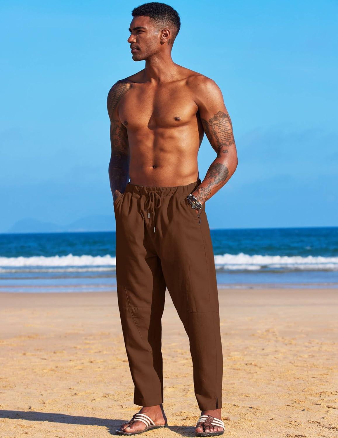 imageCOOFANDY Mens Linen Harem Drawstring Pants Casual Elastic Waist Lightweight Trouser Hippie Summer Beach Yoga PantsBrown