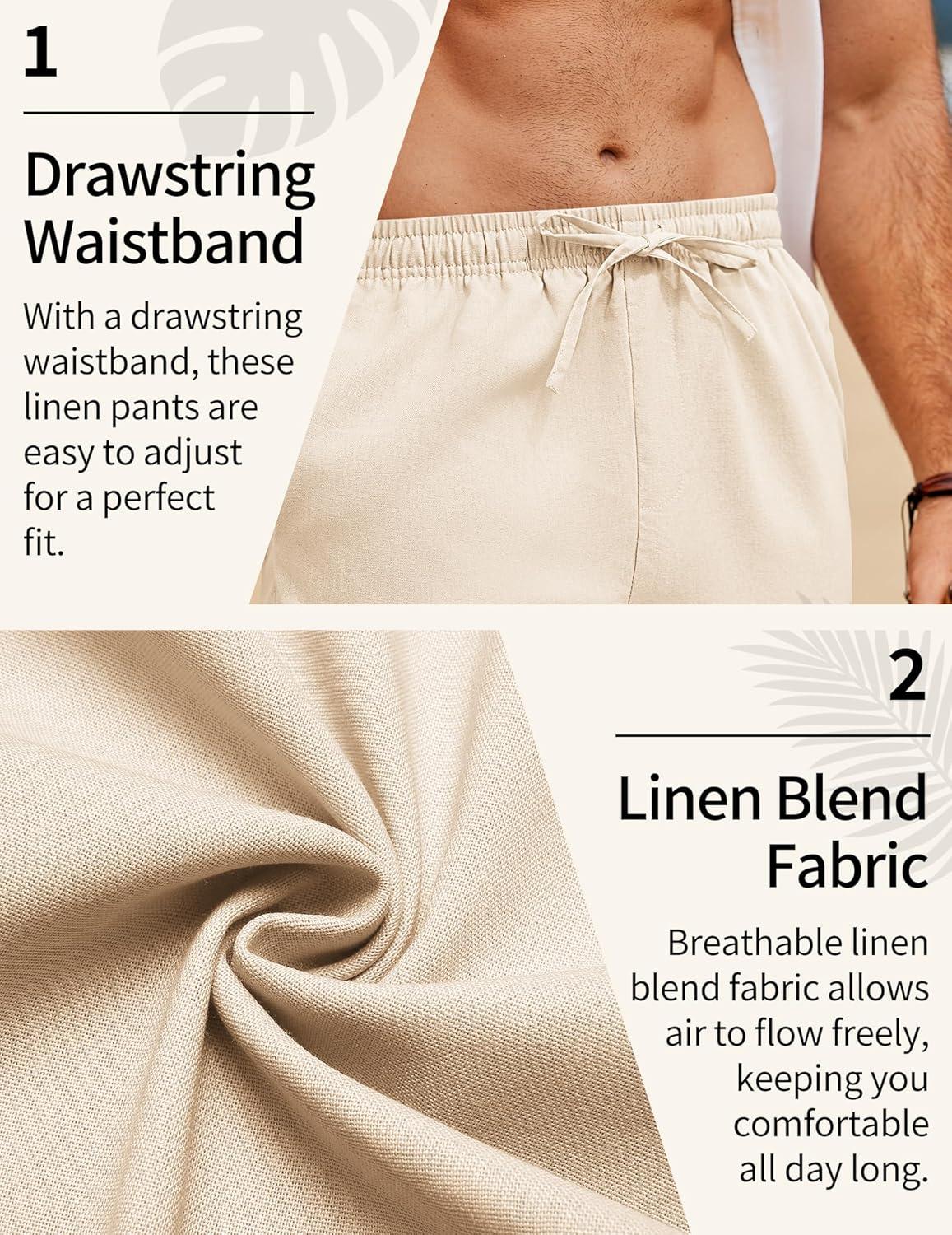 imageCOOFANDY Mens Linen Pants Casual Loose Fit Beach Summer Yoga Pants Lightweight Drawstring Linen TrousersLight Beige