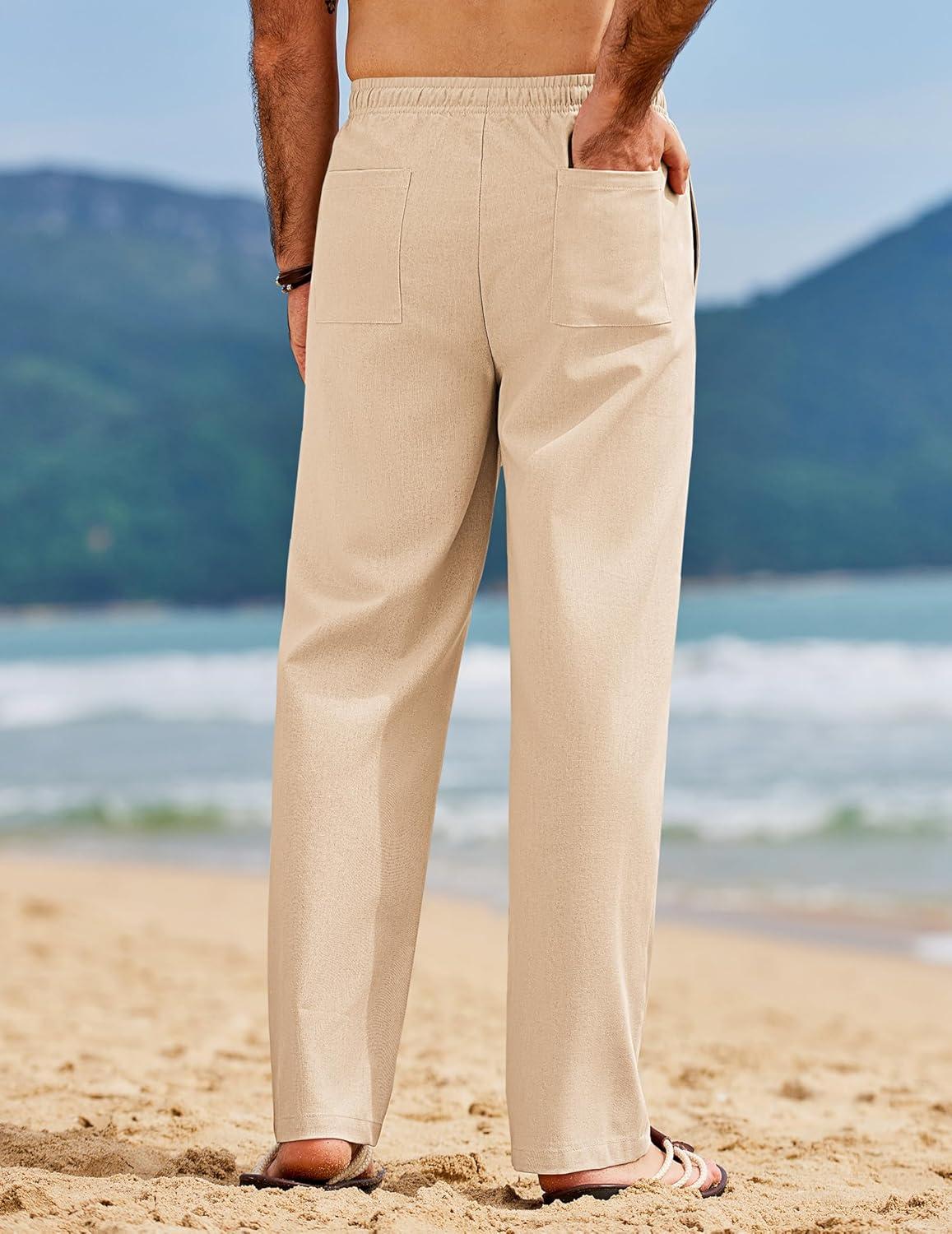 imageCOOFANDY Mens Linen Pants Casual Loose Fit Beach Summer Yoga Pants Lightweight Drawstring Linen TrousersLight Coffee