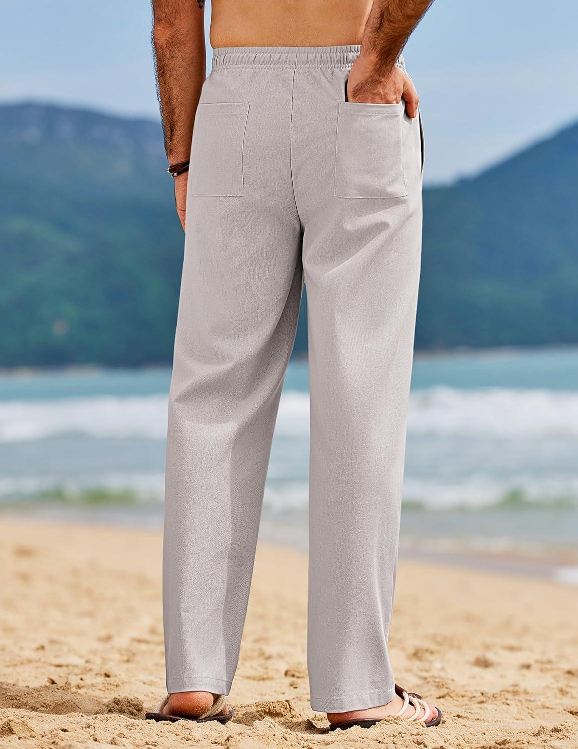 imageCOOFANDY Mens Linen Pants Casual Loose Fit Beach Summer Yoga Pants Lightweight Drawstring Linen TrousersLight Gray