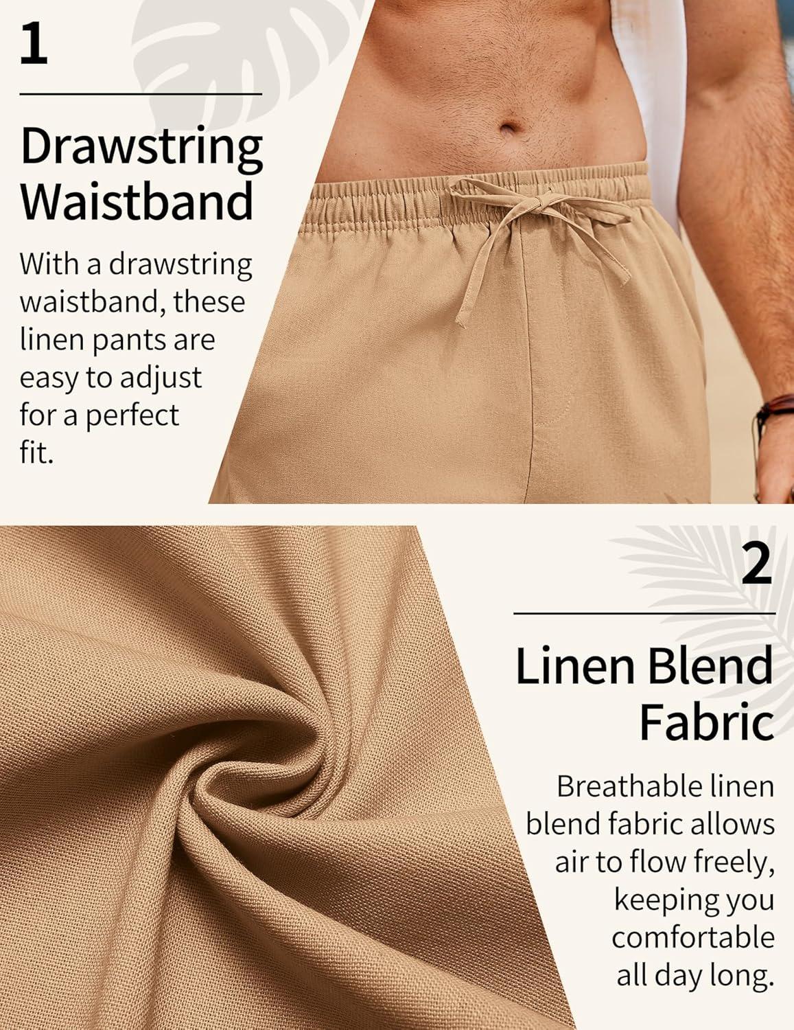 imageCOOFANDY Mens Linen Pants Casual Loose Fit Beach Summer Yoga Pants Lightweight Drawstring Linen TrousersLight Tan