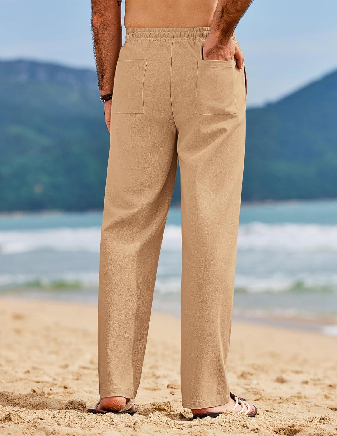 imageCOOFANDY Mens Linen Pants Casual Loose Fit Beach Summer Yoga Pants Lightweight Drawstring Linen TrousersLight Tan