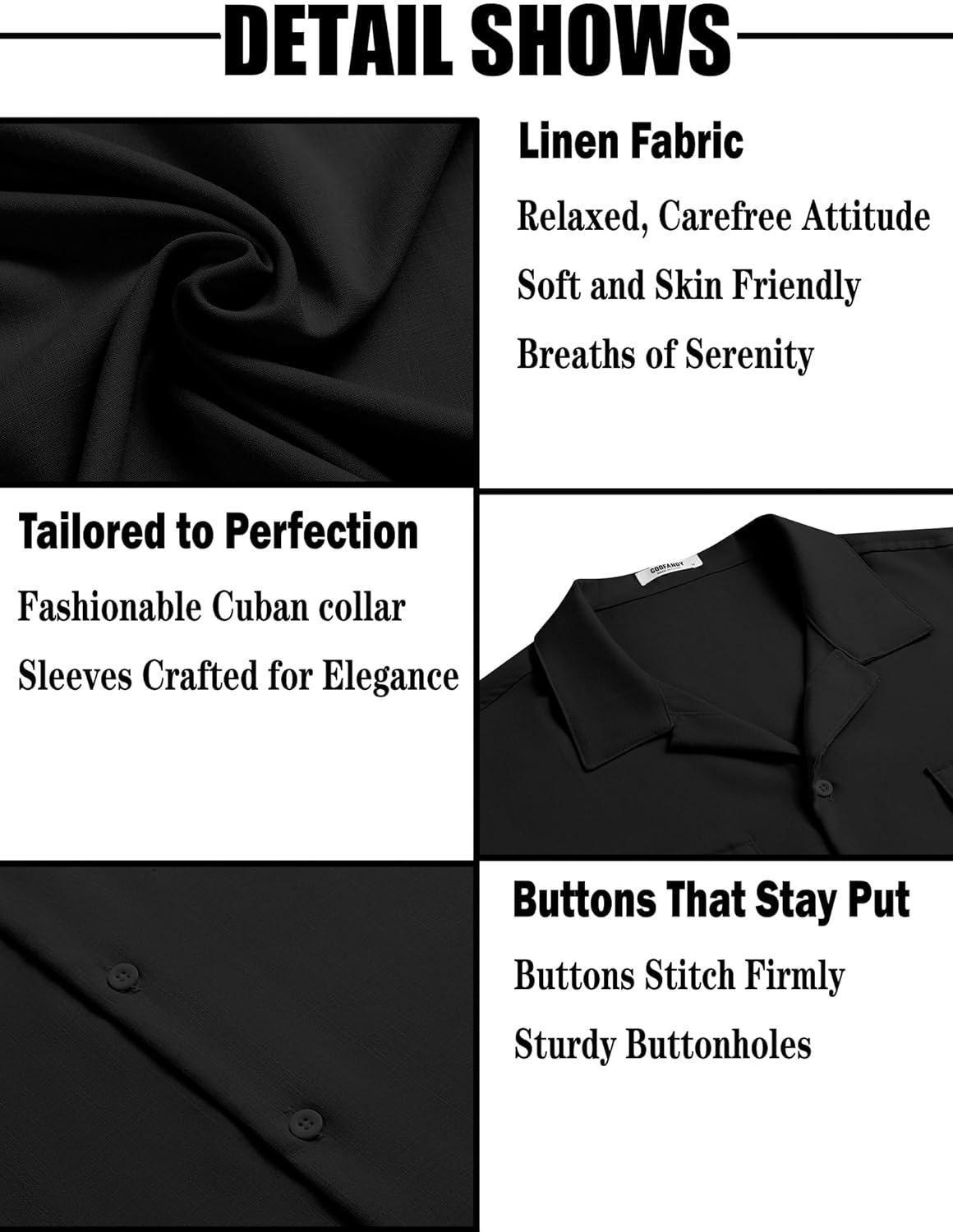 imageCOOFANDY Mens Linen Short Sleeve Button Down Shirt Casual Cuban Collar Summer Beach Shirts Vacation EssentialsBlack