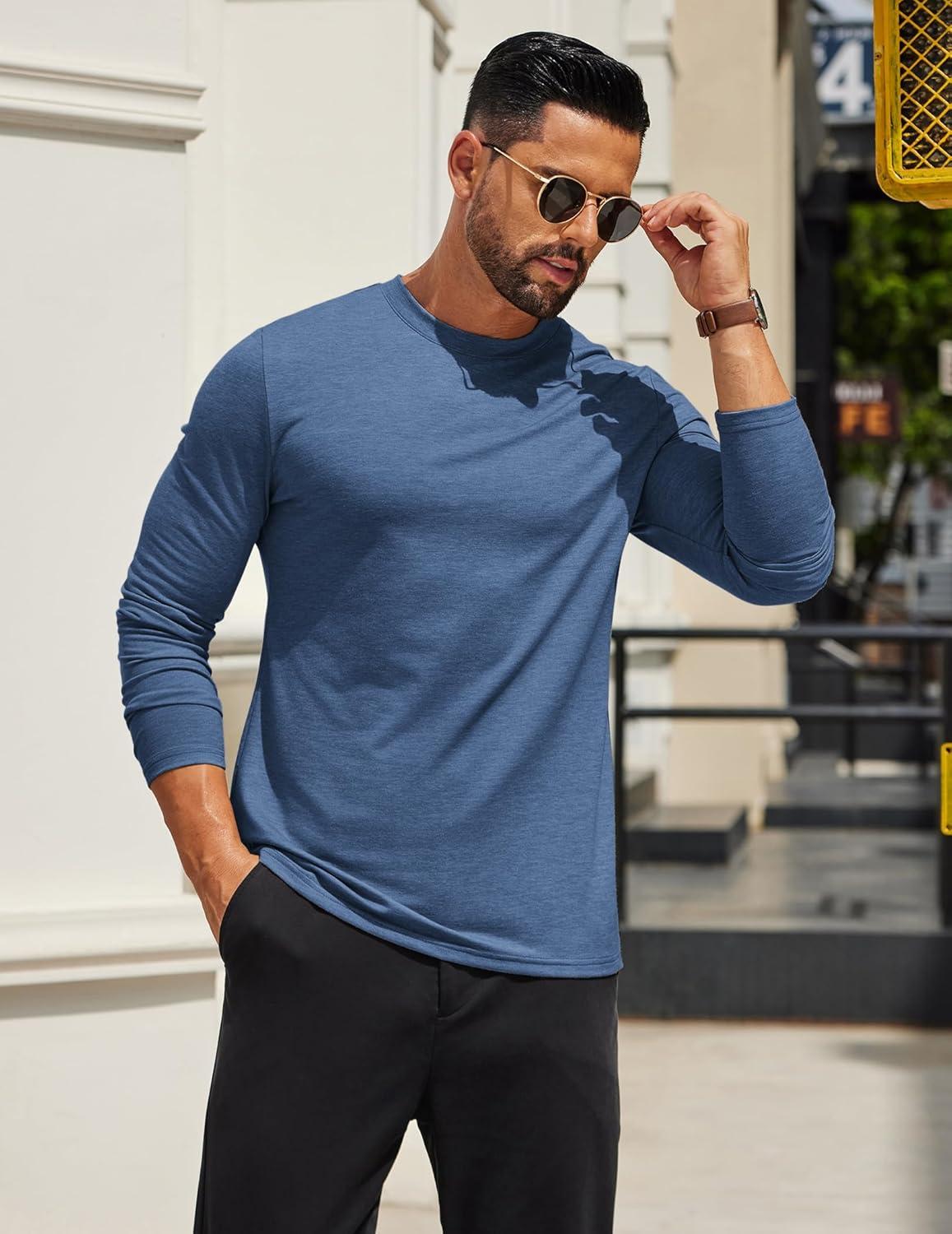 imageCOOFANDY Mens Long Sleeve T Shirts Crew Neck Casual Basic Tee Shirt Lightweight Pullover Shirts1 Packblue