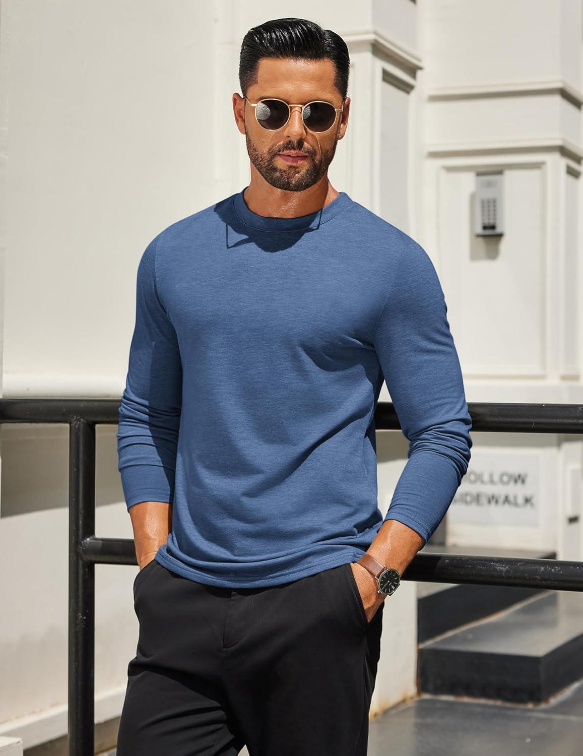 imageCOOFANDY Mens Long Sleeve T Shirts Crew Neck Casual Basic Tee Shirt Lightweight Pullover Shirts1 Packblue