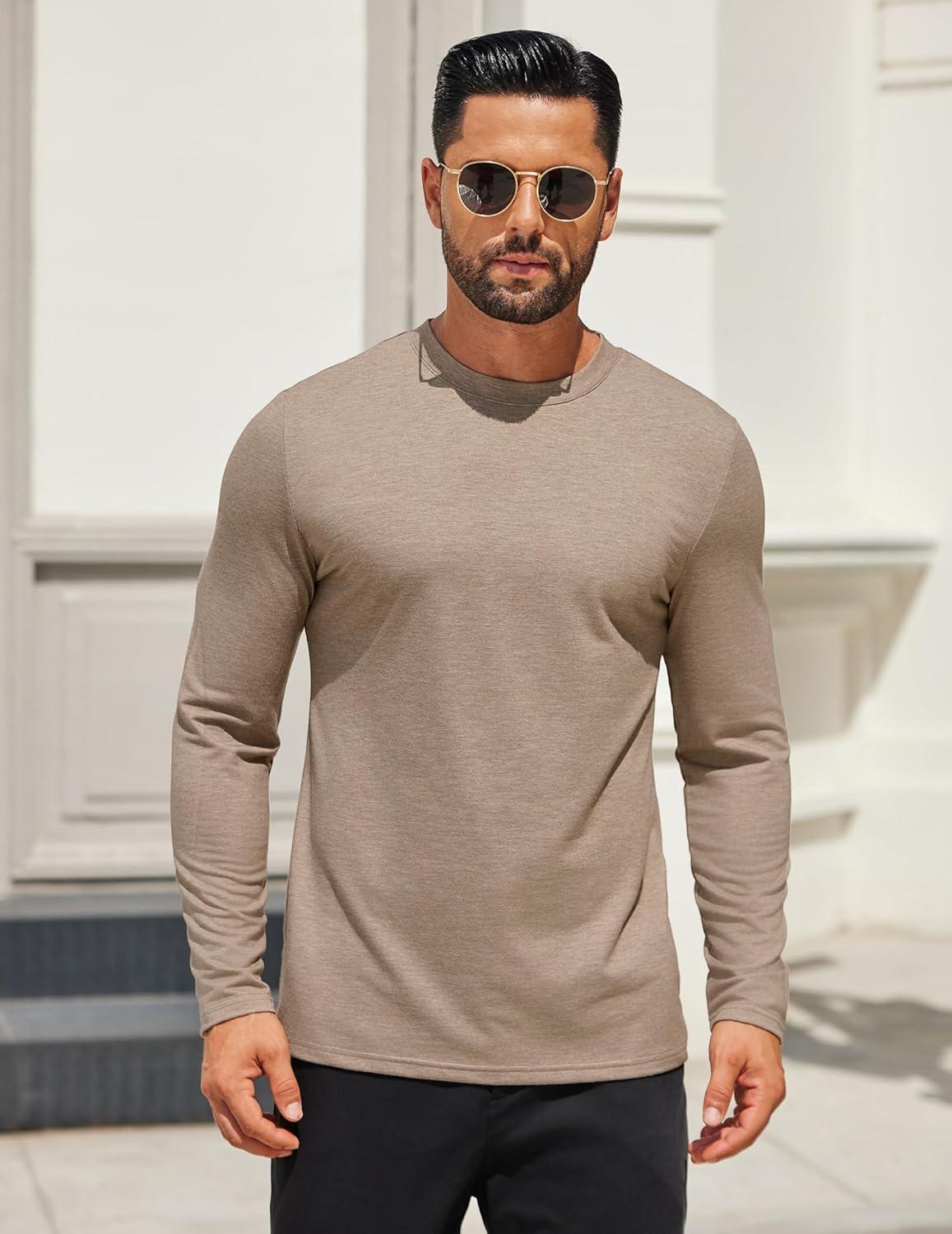 imageCOOFANDY Mens Long Sleeve T Shirts Crew Neck Casual Basic Tee Shirt Lightweight Pullover Shirts1 Packkhaki