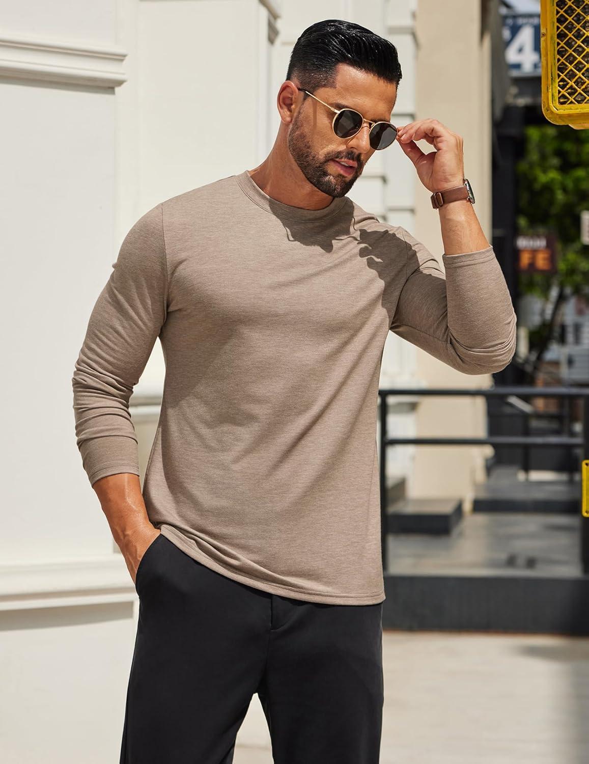 imageCOOFANDY Mens Long Sleeve T Shirts Crew Neck Casual Basic Tee Shirt Lightweight Pullover Shirts1 Packkhaki