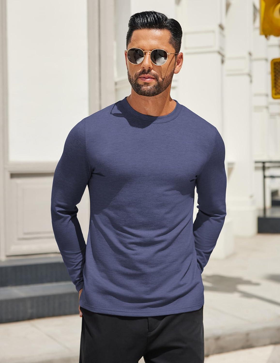imageCOOFANDY Mens Long Sleeve T Shirts Crew Neck Casual Basic Tee Shirt Lightweight Pullover Shirts1 Packnavy Blue