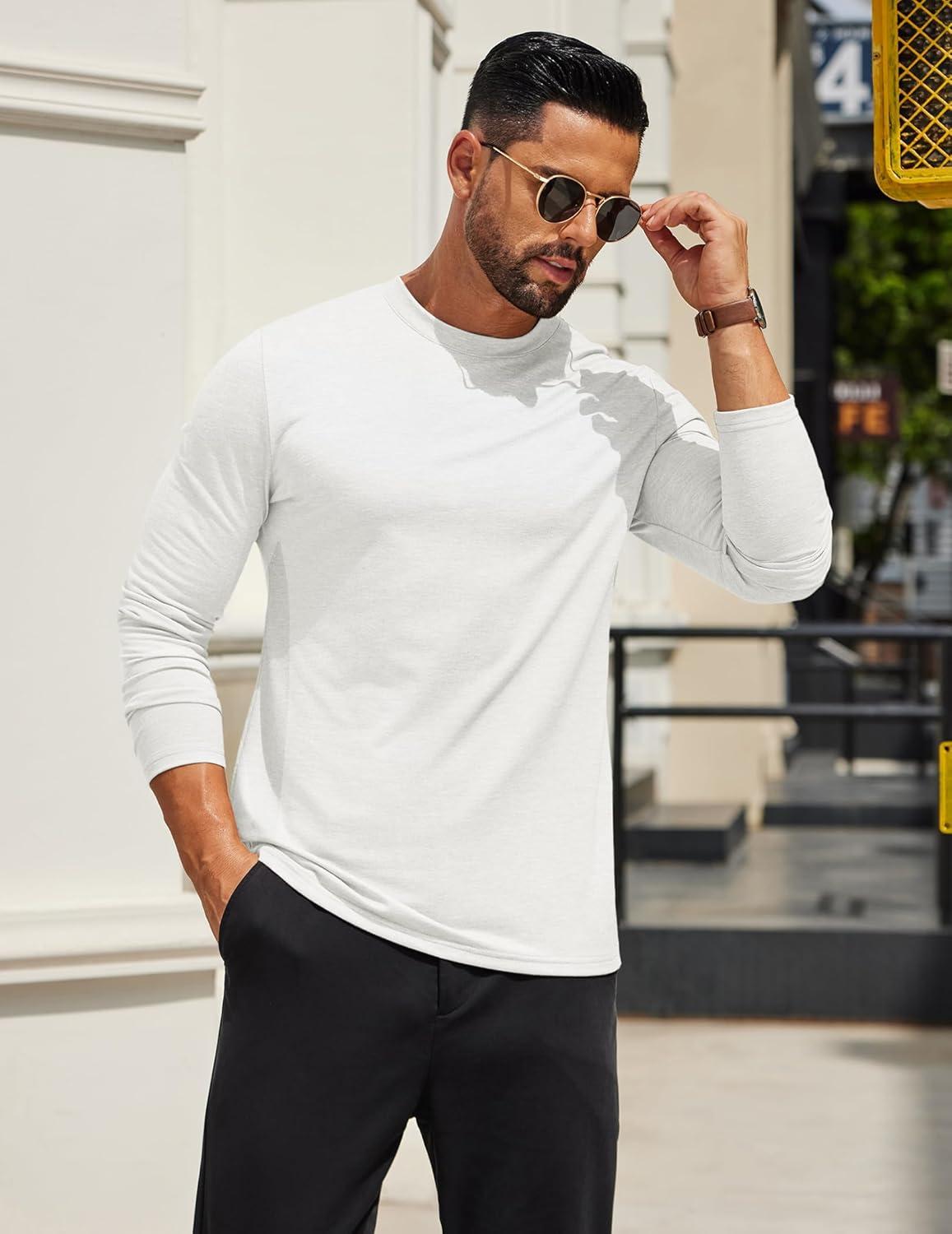 imageCOOFANDY Mens Long Sleeve T Shirts Crew Neck Casual Basic Tee Shirt Lightweight Pullover Shirts1 Packwhite