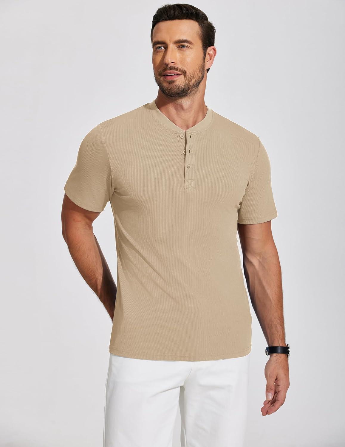 imageCOOFANDY Mens Short Sleeve Henley Shirts Stretch Ribbed TShirts Casual Button Basic Tops Khaki