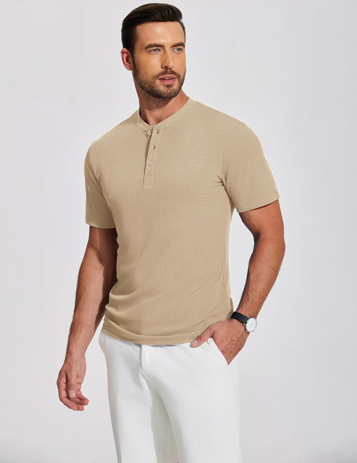 imageCOOFANDY Mens Short Sleeve Henley Shirts Stretch Ribbed TShirts Casual Button Basic Tops Khaki