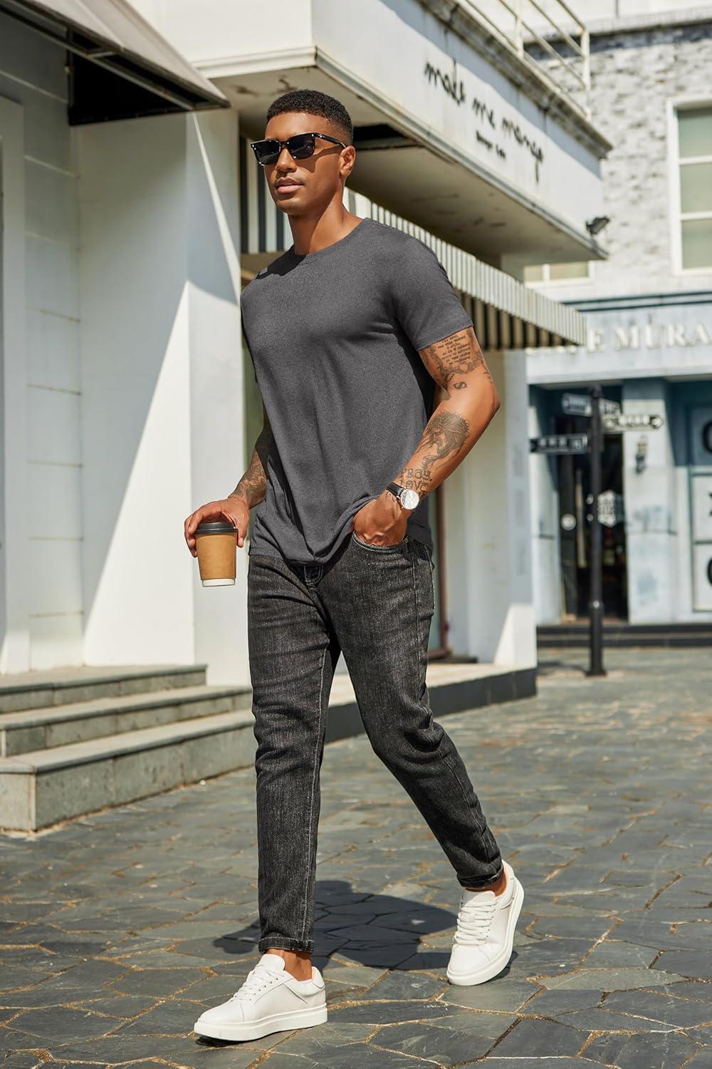 imageCOOFANDY Mens Short Sleeve TShirts Crew Neck Casual Summer T Shirts 13 Pack Basic Tee ShirtC BlackNavy BlueDark Grey 3 Pack