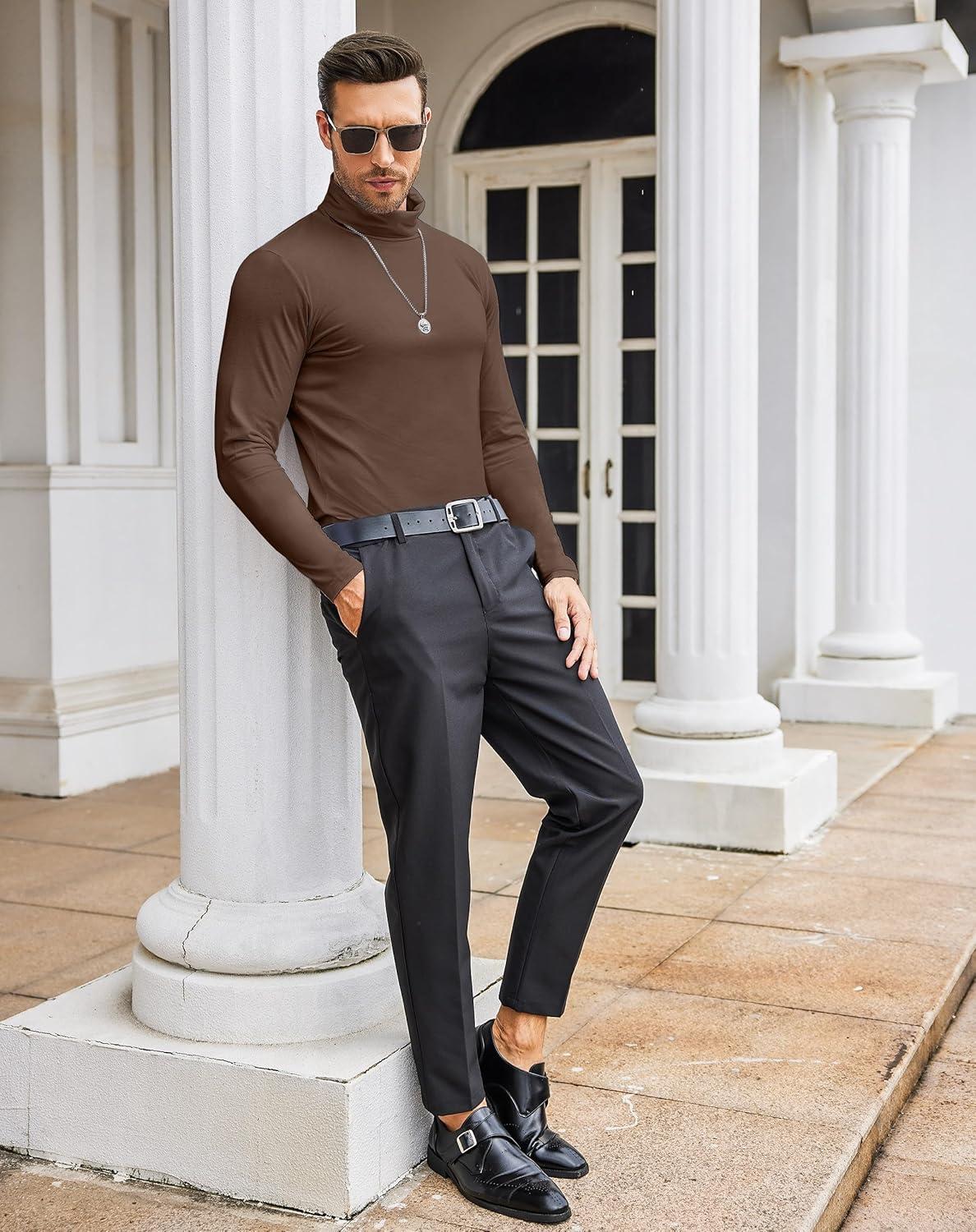 imageCOOFANDY Mens Slim Fit Turtleneck Cotton T Shirts Casual Long Sleeve Lightweight Pullover Sweater Basic TopsBrown