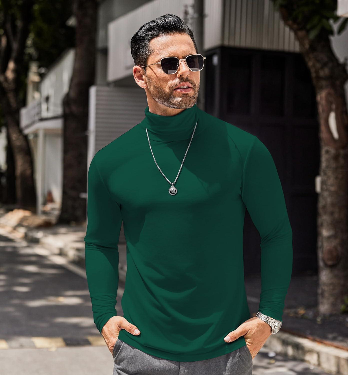 imageCOOFANDY Mens Slim Fit Turtleneck Cotton T Shirts Casual Long Sleeve Lightweight Pullover Sweater Basic TopsDark Green