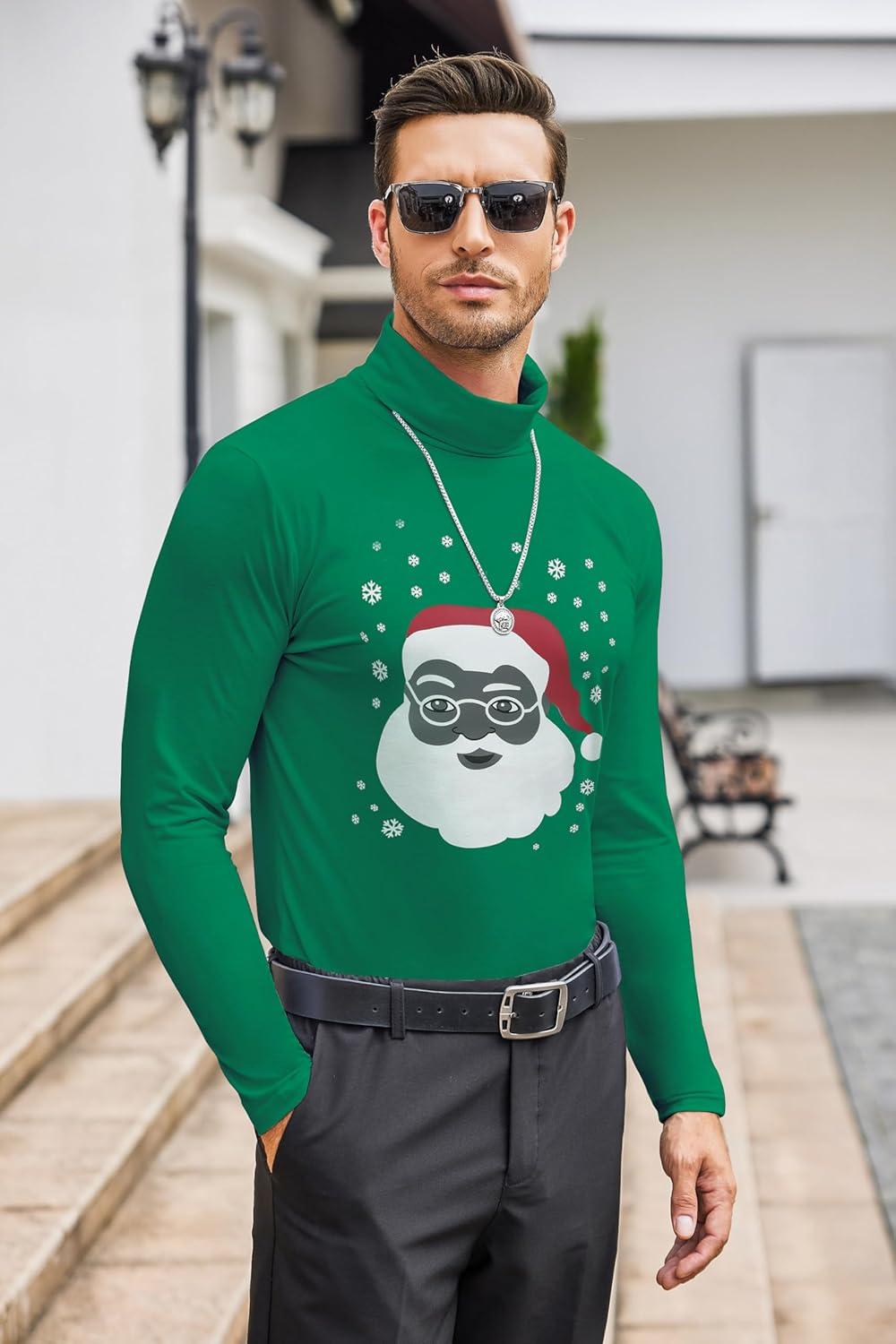 imageCOOFANDY Mens Slim Fit Turtleneck Cotton T Shirts Casual Long Sleeve Lightweight Pullover Sweater Basic TopsGreen Santa Claus