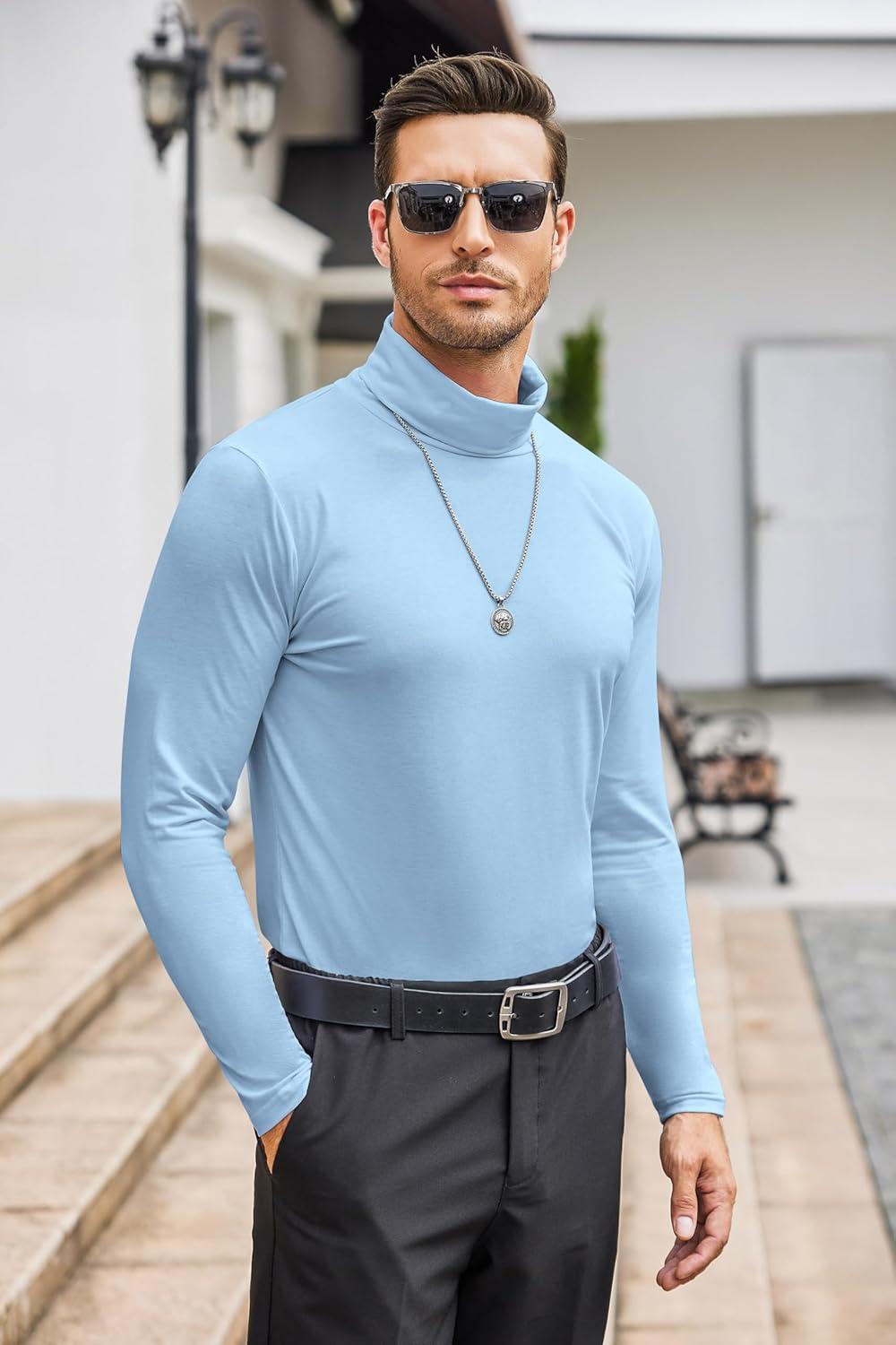 imageCOOFANDY Mens Slim Fit Turtleneck Cotton T Shirts Casual Long Sleeve Lightweight Pullover Sweater Basic TopsLight Blue