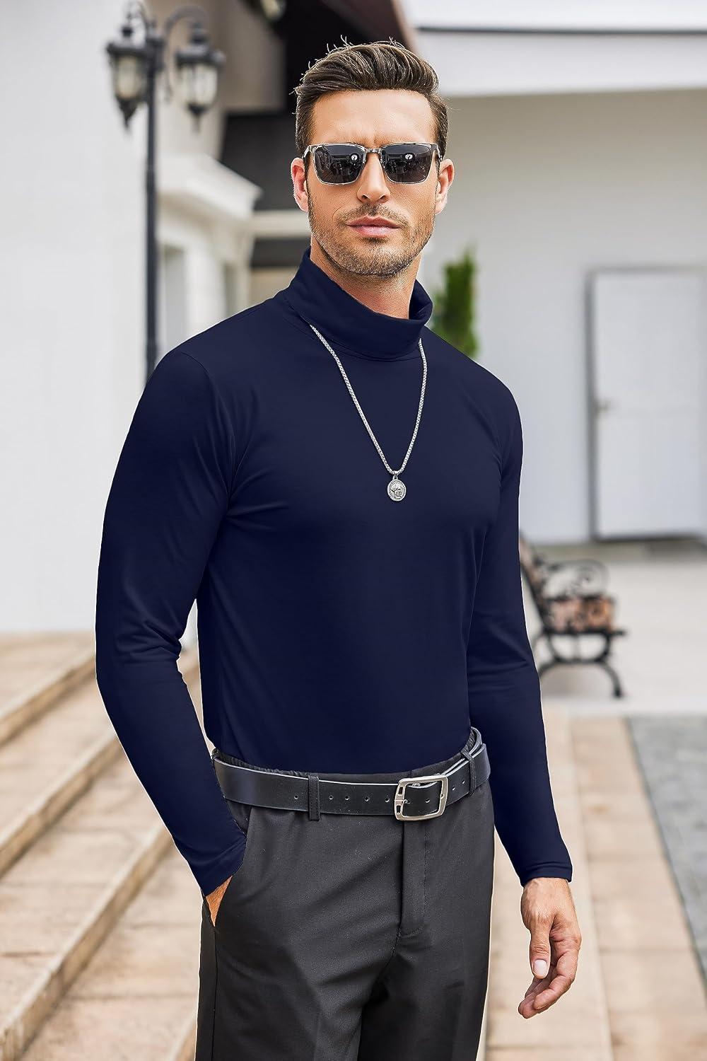 imageCOOFANDY Mens Slim Fit Turtleneck Cotton T Shirts Casual Long Sleeve Lightweight Pullover Sweater Basic TopsNavy Blue