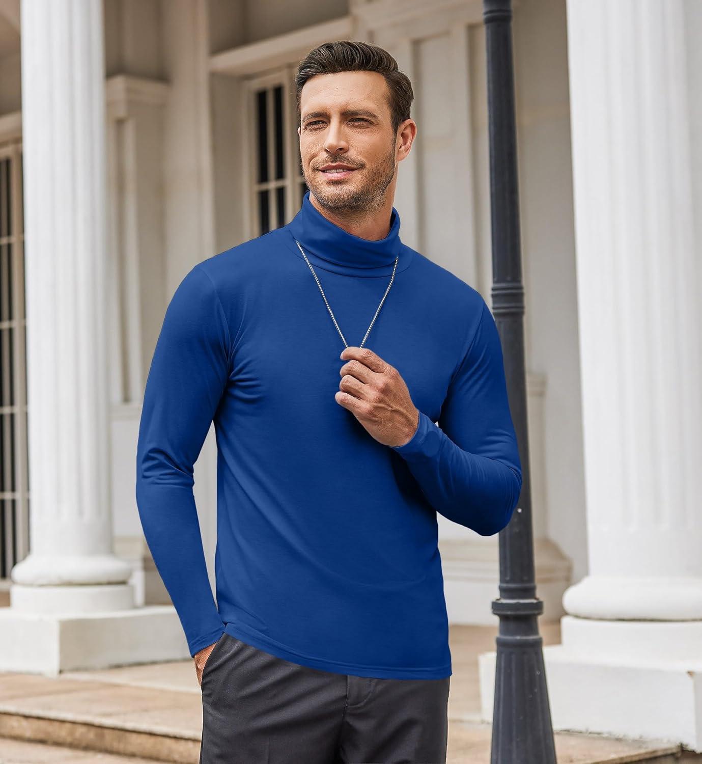 imageCOOFANDY Mens Slim Fit Turtleneck Cotton T Shirts Casual Long Sleeve Lightweight Pullover Sweater Basic TopsRoyal Blue