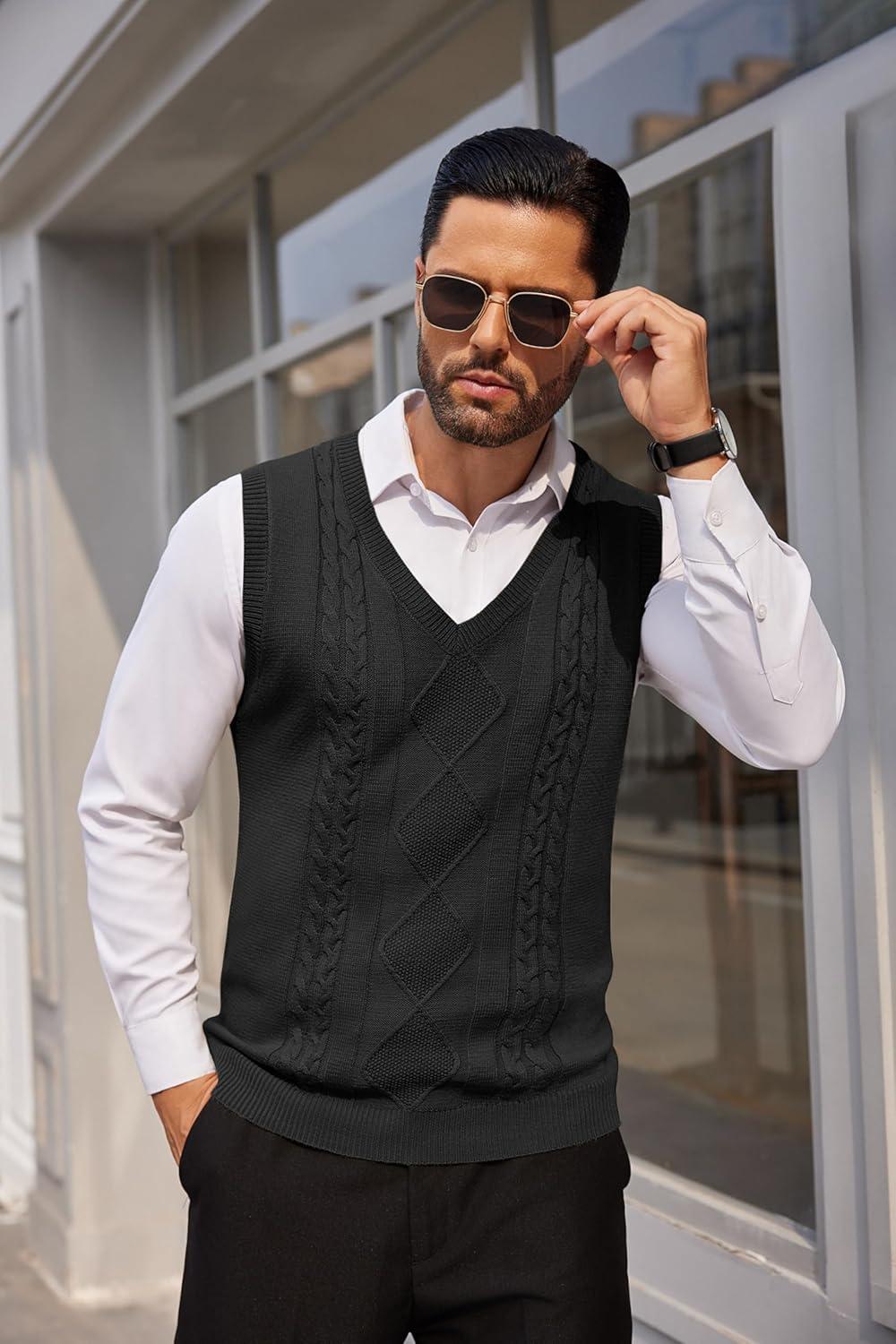 imageCOOFANDY Mens Sweater Vest V Neck Slim Fit Cable Knitted Sleeveless Pullover SweaterBlack