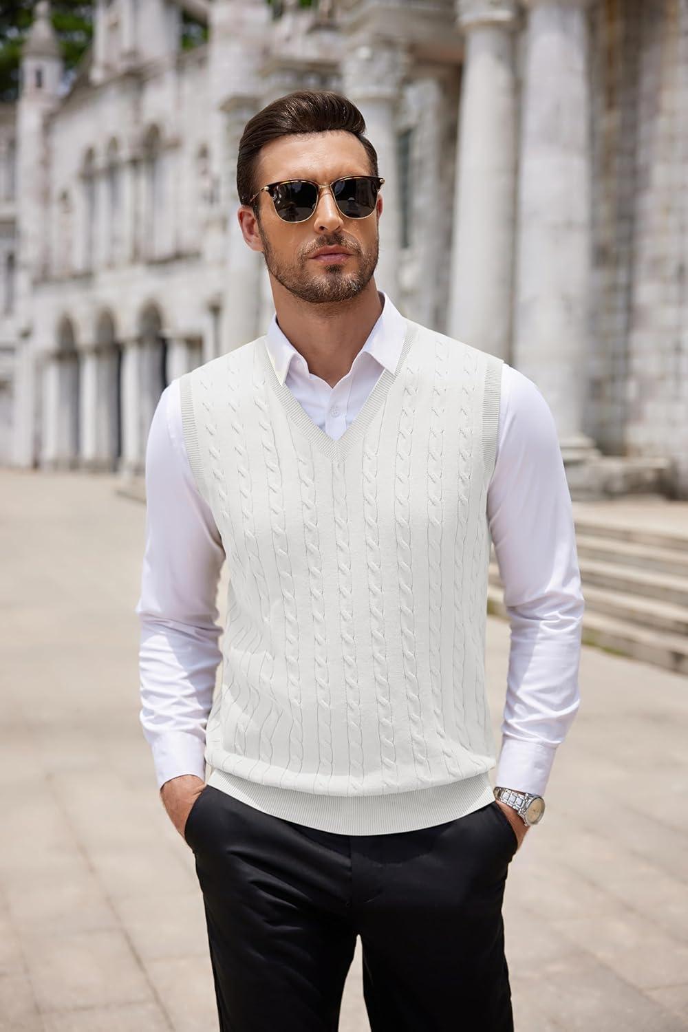 imageCOOFANDY Mens Sweater Vest V Neck Slim Fit Cable Knitted Sleeveless Pullover SweaterWhite