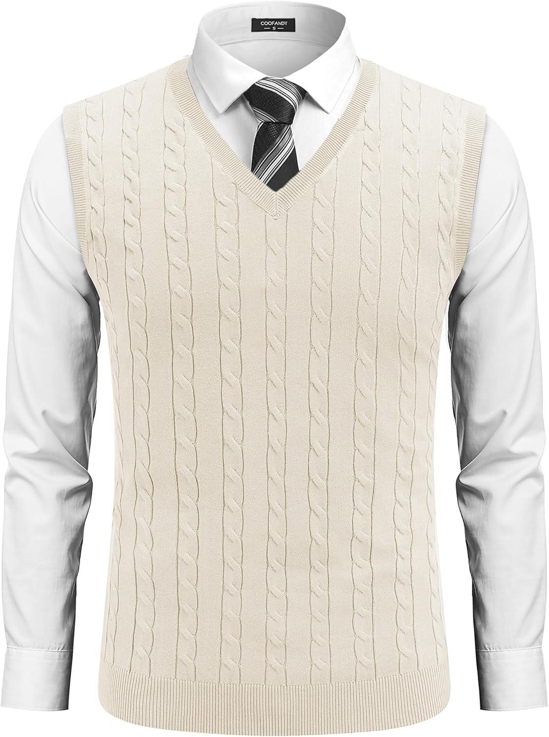 imageCOOFANDY Mens Sweater Vest V Neck Slim Fit Cable Knitted Sleeveless Pullover SweaterWhite