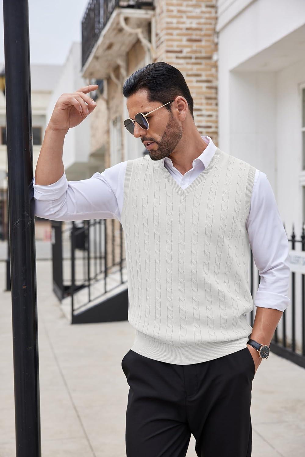 imageCOOFANDY Mens Sweater Vest V Neck Slim Fit Cable Knitted Sleeveless Pullover SweaterWhite