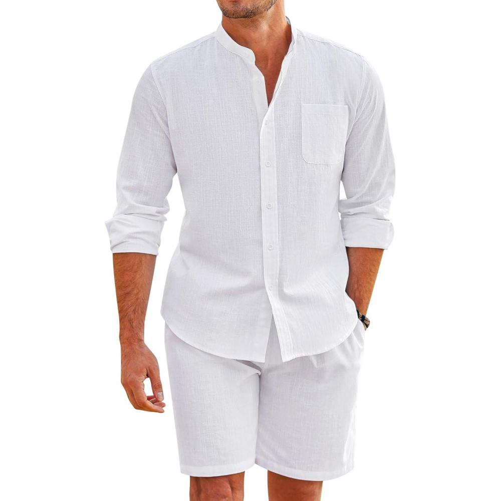 imageCOOFANDY Linen Sets For Men 2 Piece Button Down Shirt Long Sleeve and Casual Beach Drawstring Waist Shorts Summer OutfitsAwhite
