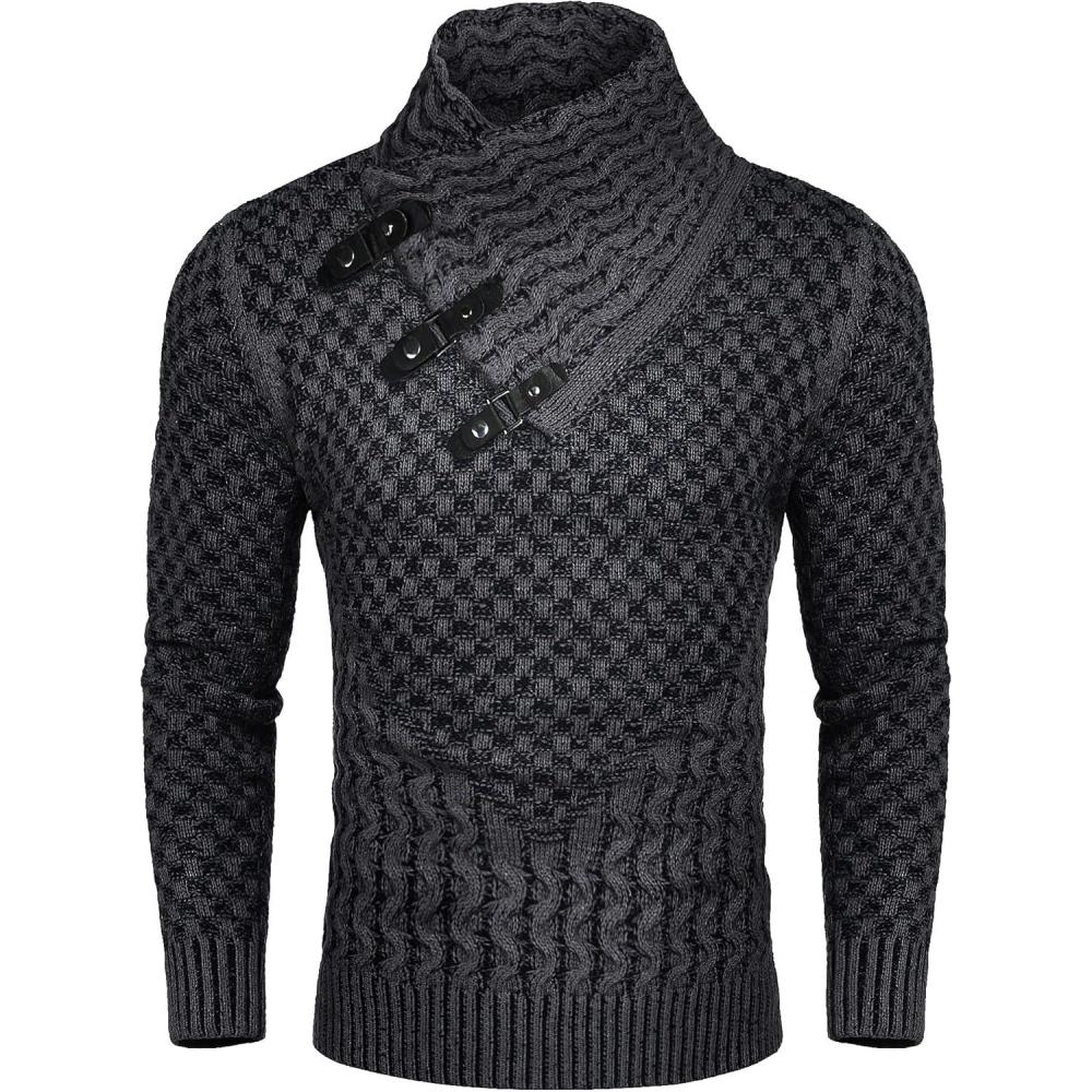imageCOOFANDY Men Knitted Hoodies Pullover Casual Long Sleeve Slim Fit Turtleneck SweatersA Dark Grey