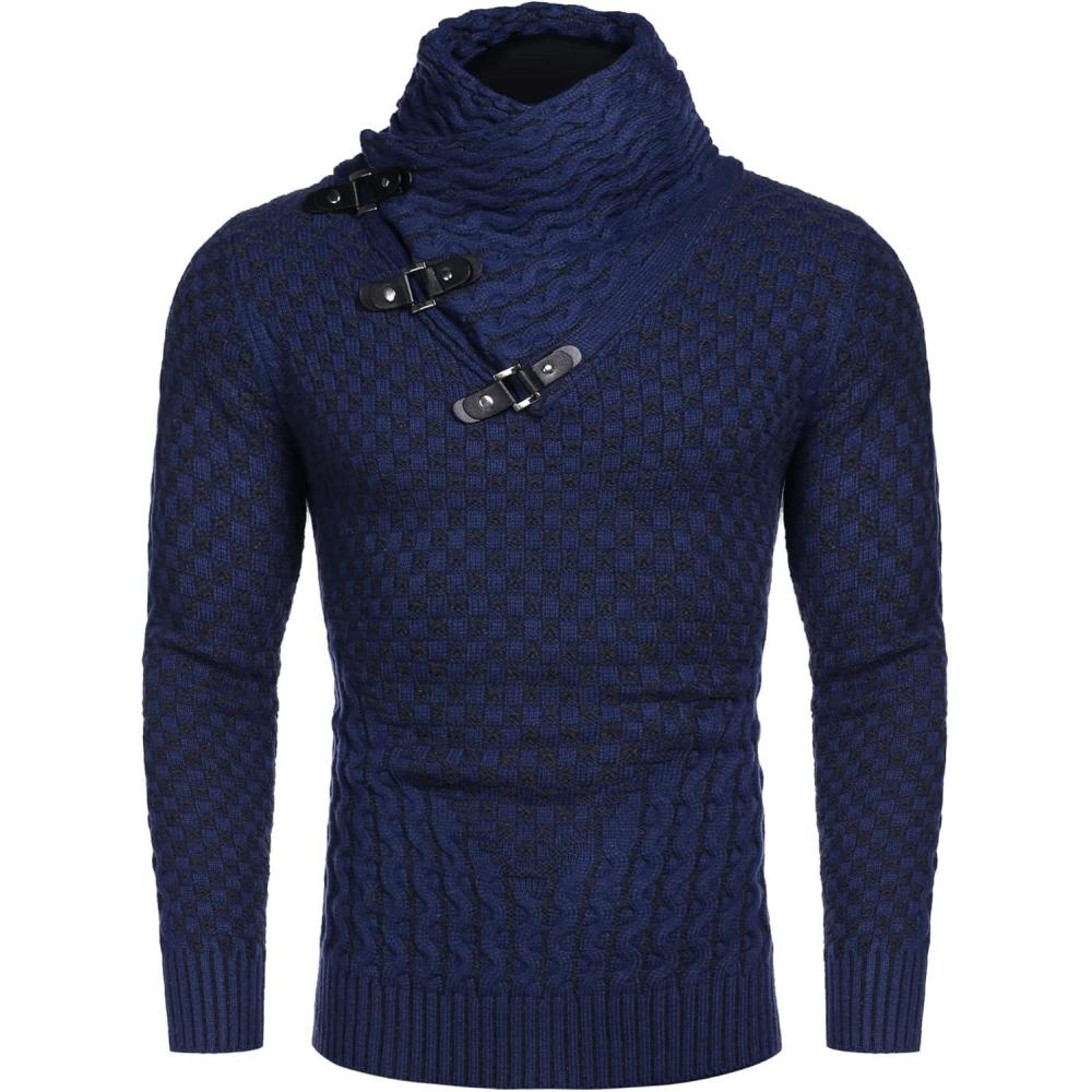 imageCOOFANDY Men Knitted Hoodies Pullover Casual Long Sleeve Slim Fit Turtleneck SweatersA Navy Blue