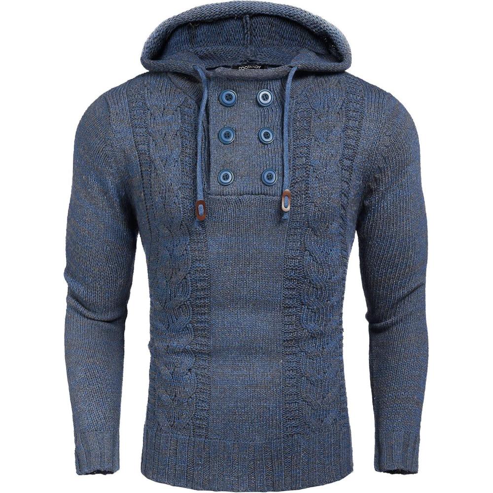 imageCOOFANDY Men Knitted Hoodies Pullover Casual Long Sleeve Slim Fit Turtleneck SweatersBlue