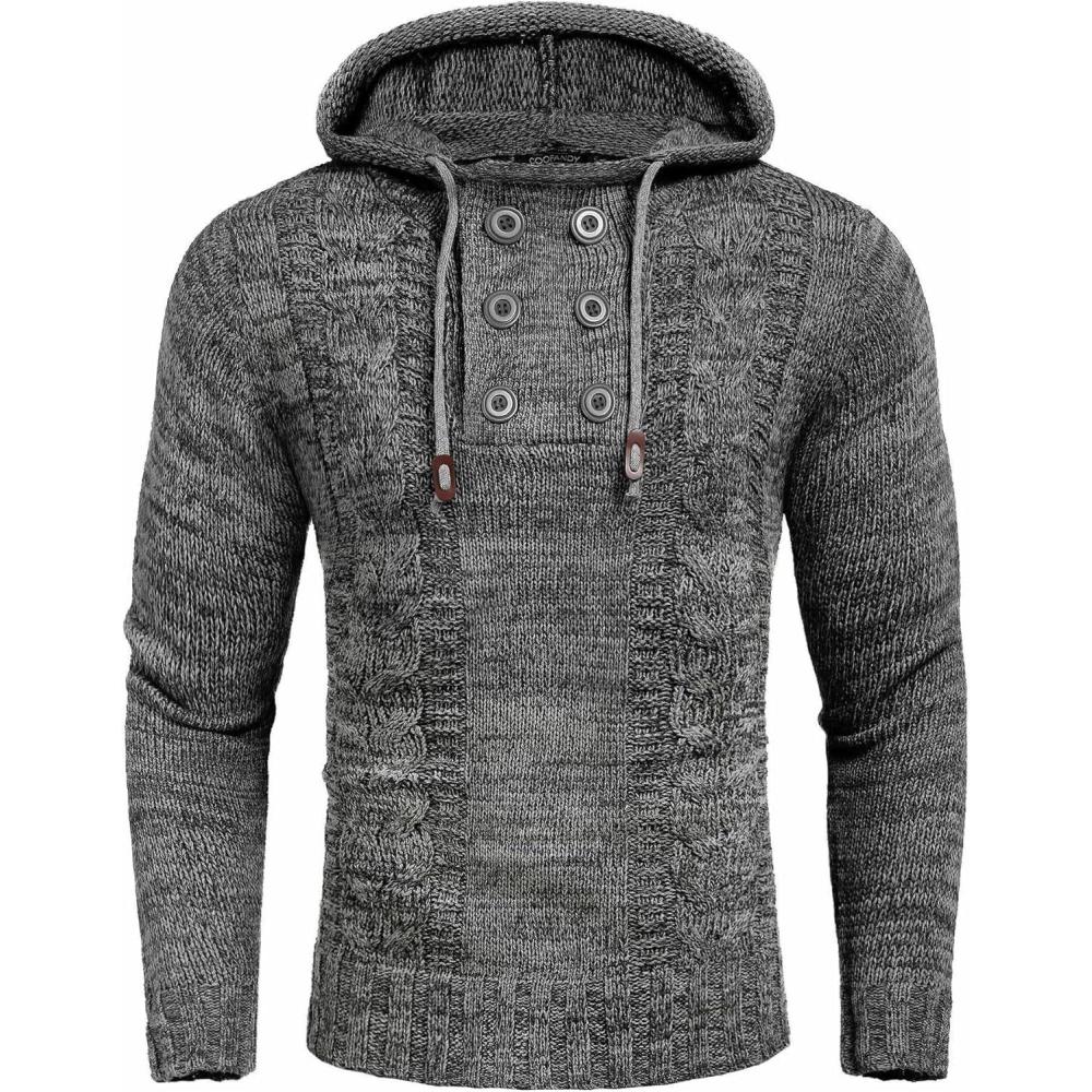 imageCOOFANDY Men Knitted Hoodies Pullover Casual Long Sleeve Slim Fit Turtleneck SweatersGrey